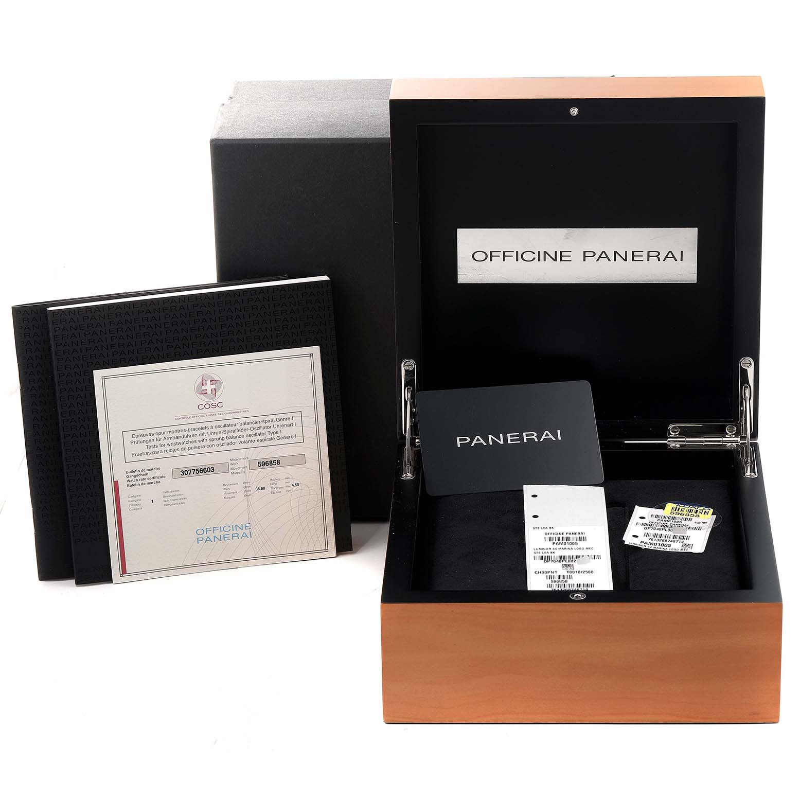 The image shows a Panerai Luminor PAM01005 Men
s Stainless Steel Black Dial PAM01005 Men
s Stainless Steel Black Dial watch box, open with the Panerai warranty card, documents, and tags included.