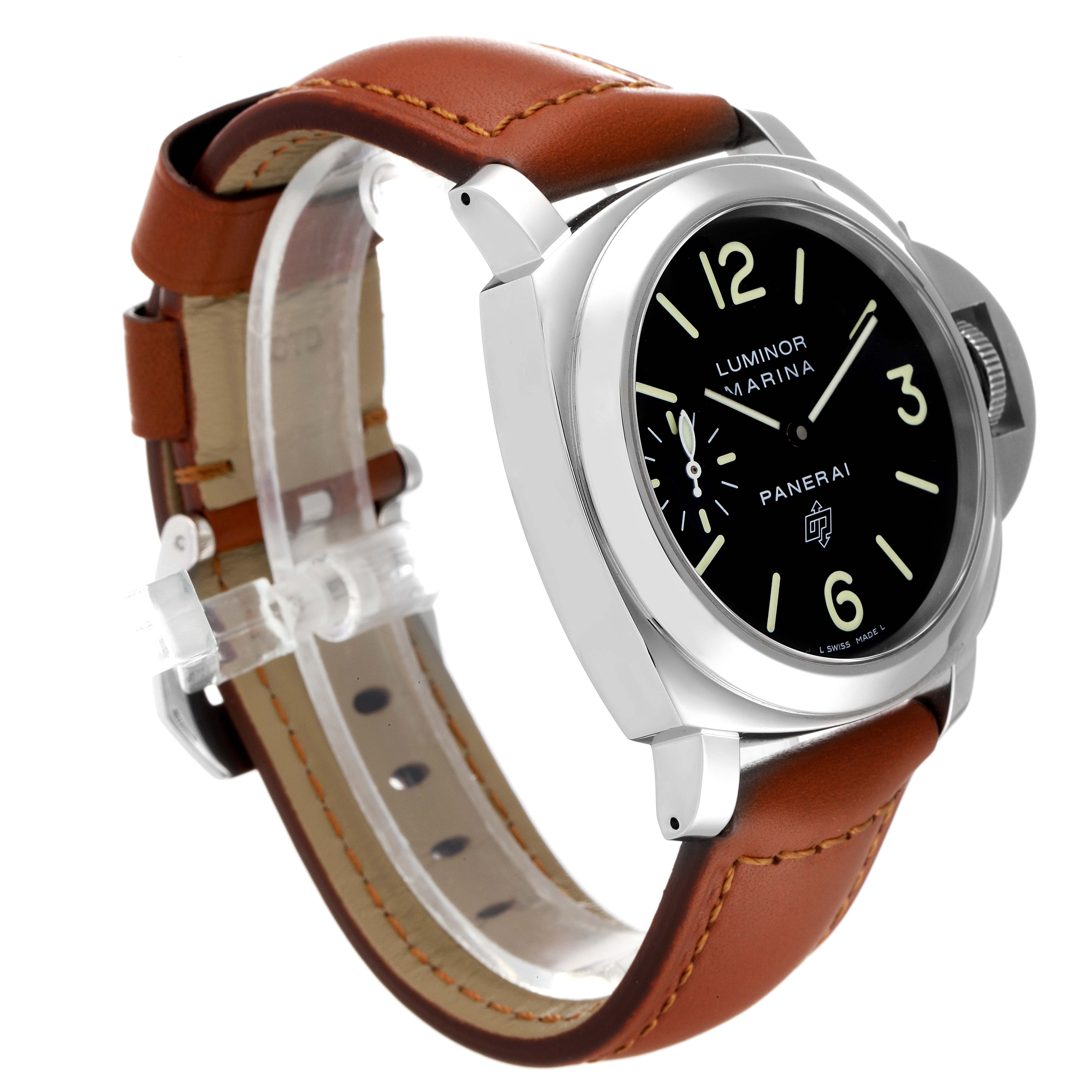 This image shows a Panerai Luminor PAM01005 Men
s Stainless Steel Black Dial PAM01005 Men
s Stainless Steel Black Dial watch angled to the right, highlighting the dial, case, and brown leather strap.