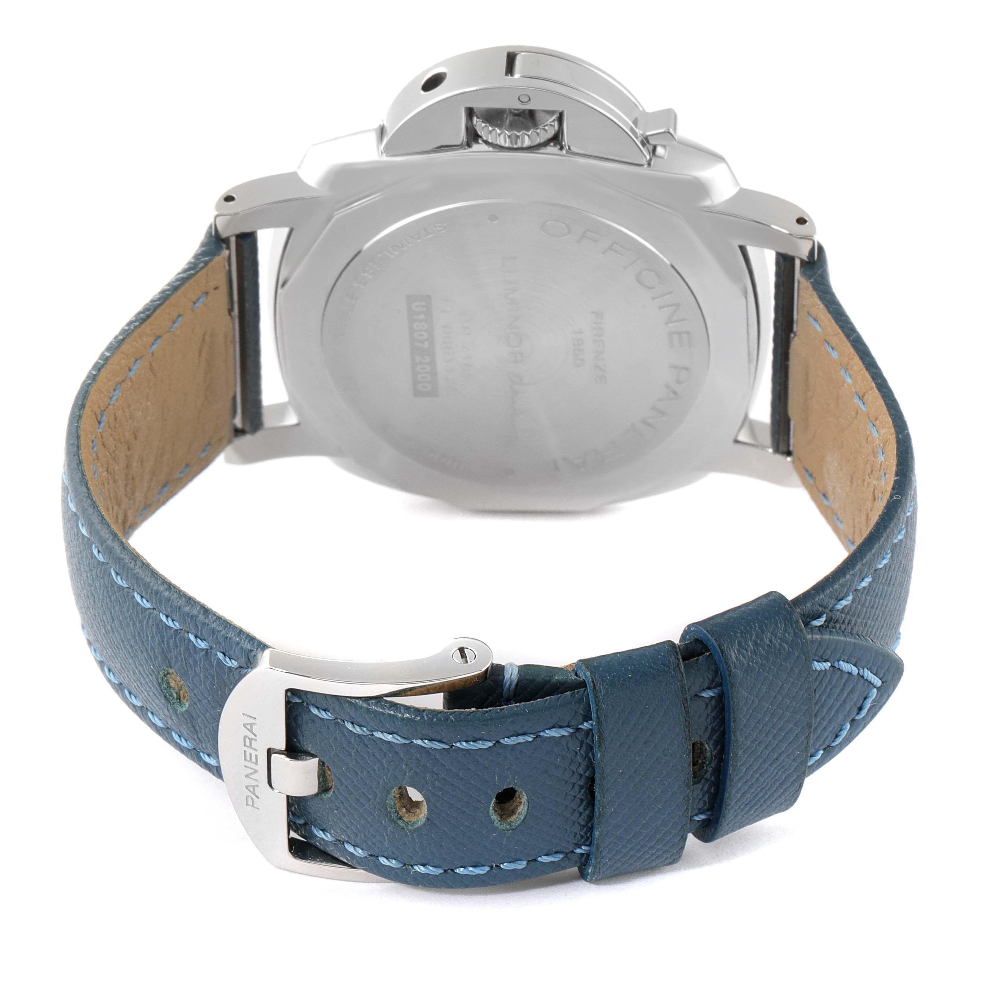 The image shows the back of a Panerai Luminor Due PAM00906 Men's Stainless Steel Beige Dial PAM00906 Men's Stainless Steel Beige Dial watch, highlighting the case back and buckle of the strap.