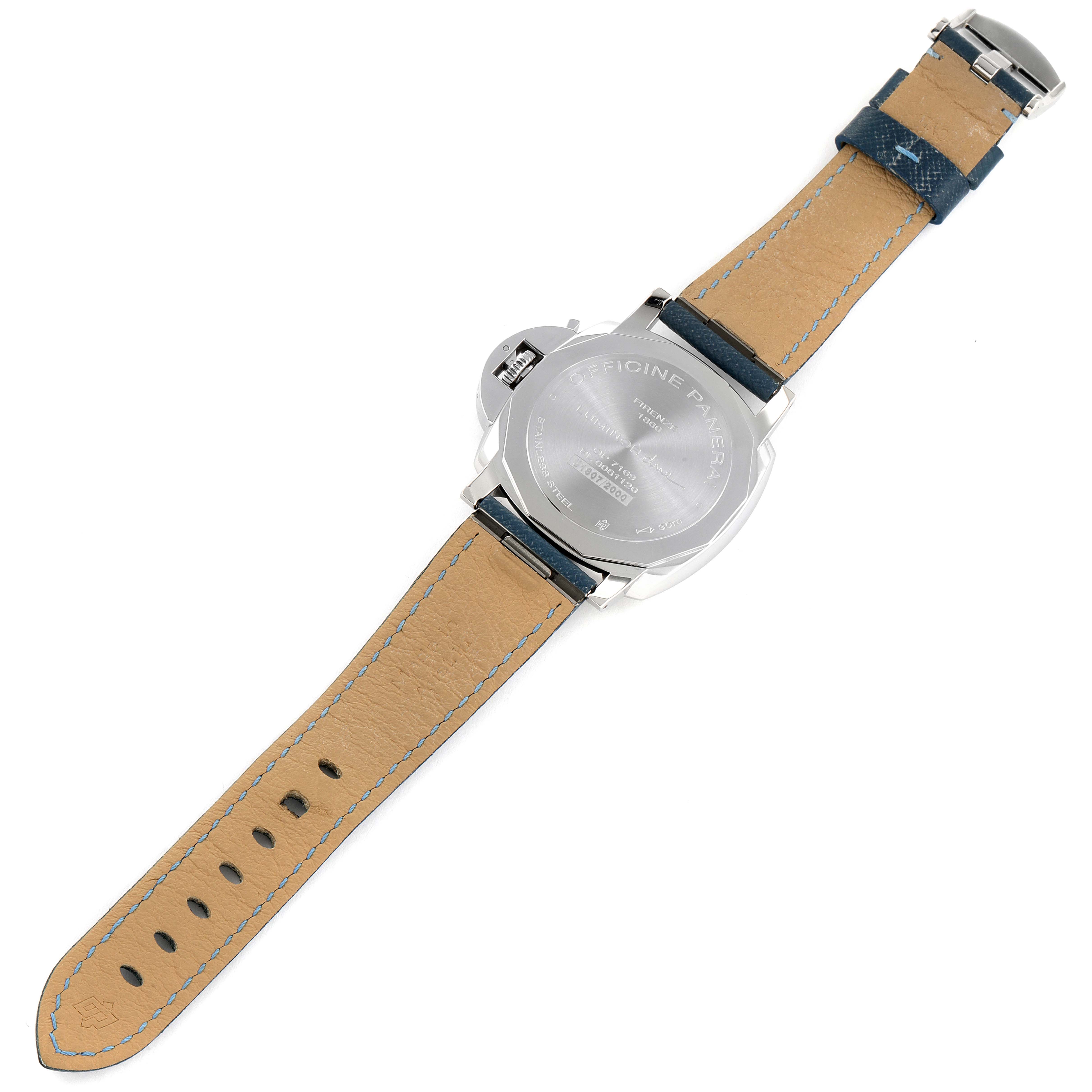 The image shows the back view of a Panerai Luminor Due PAM00906 Men's Stainless Steel Beige Dial PAM00906 Men's Stainless Steel Beige Dial watch, highlighting the case back, strap, and clasp.