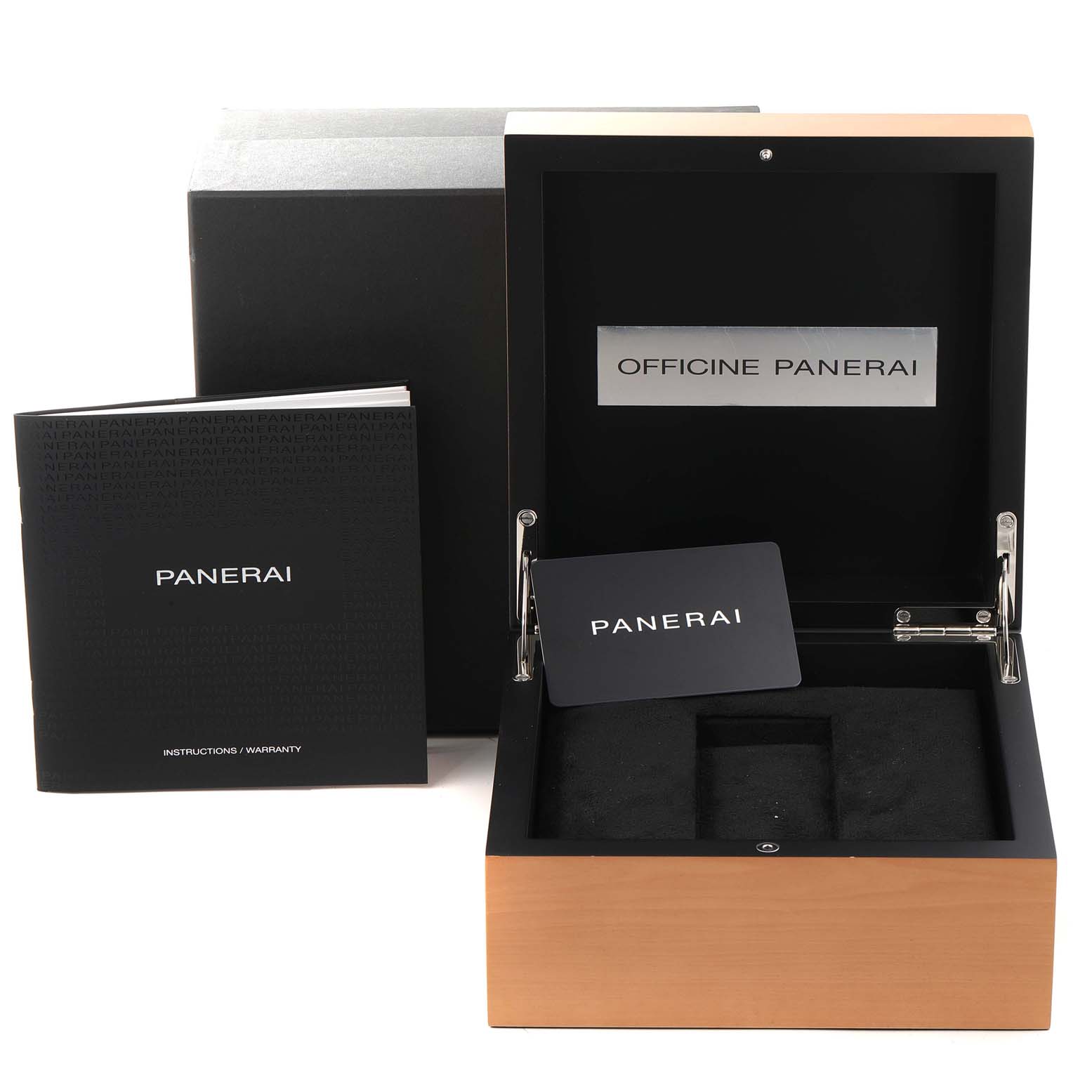 The image shows the packaging and accessories of a Luminor Due model by Panerai, including the instruction manual and warranty card.