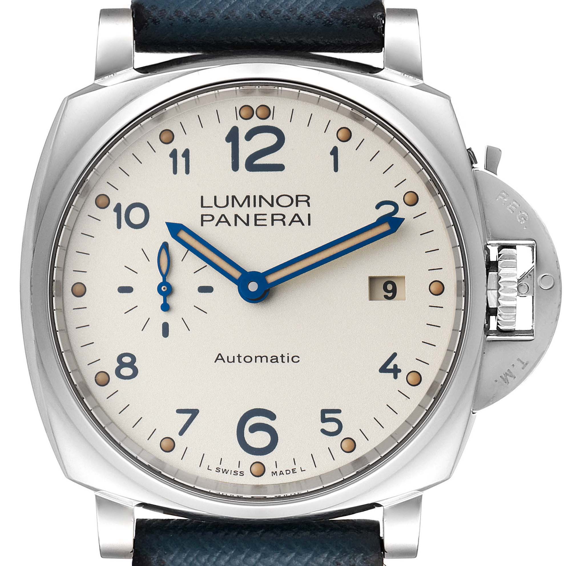 This image shows a front view of the dial and bezel of a Panerai Luminor Due PAM00906 Men's Stainless Steel Beige Dial PAM00906 Men's Stainless Steel Beige Dial watch.