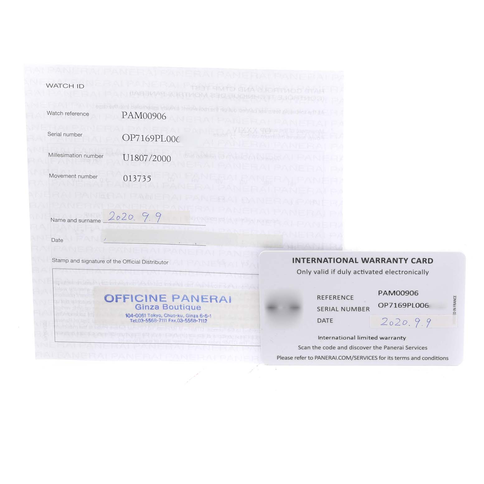 The image shows an international warranty card and documentation for a Panerai Luminor Due PAM00906 Men's Stainless Steel Beige Dial PAM00906 Men's Stainless Steel Beige Dial model.