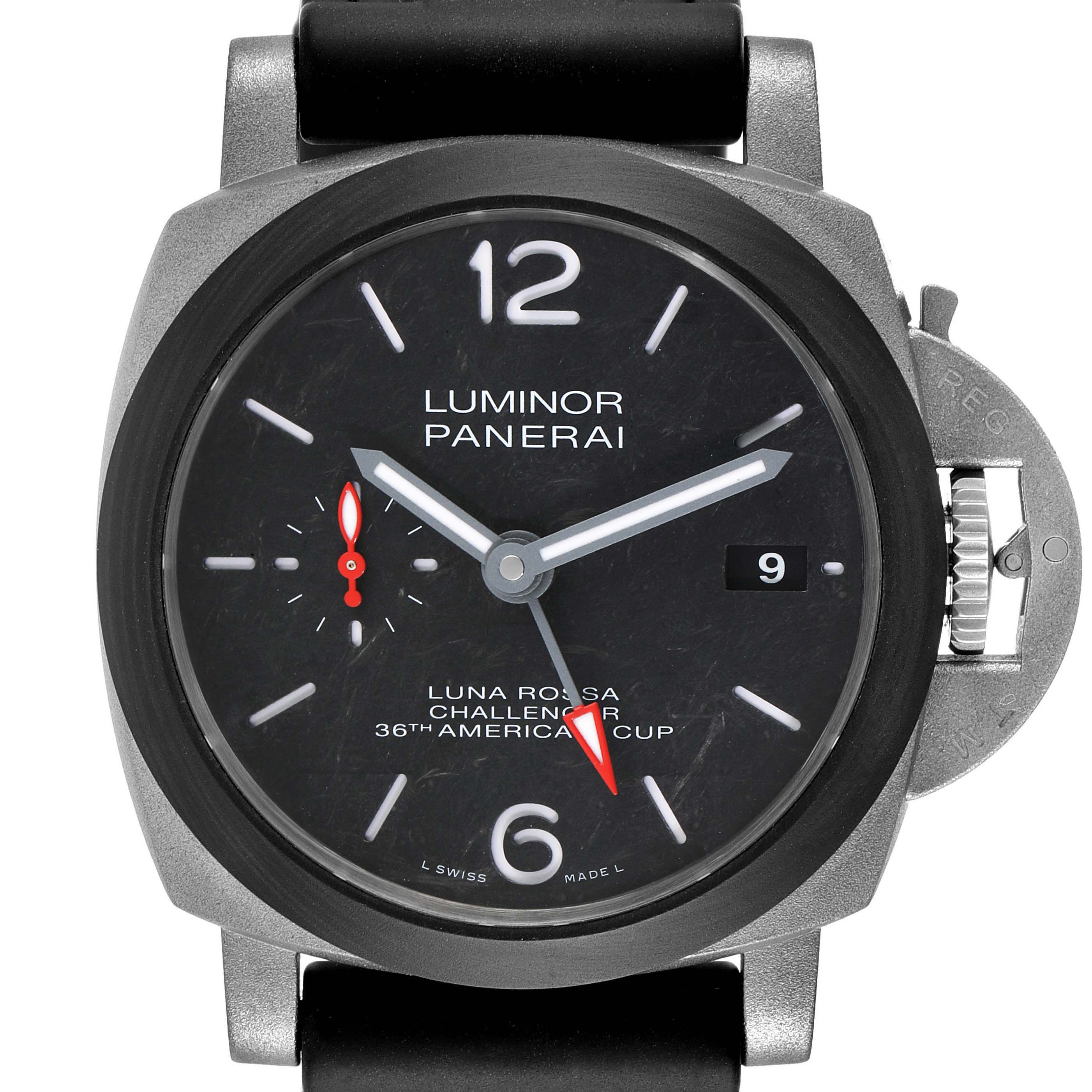 The Panerai Luminor PAM01096 Men's Titanium Black Dial PAM01096 Men's Titanium Black Dial watch is shown from the front, displaying the dial, hands, date window, and crown protector.
