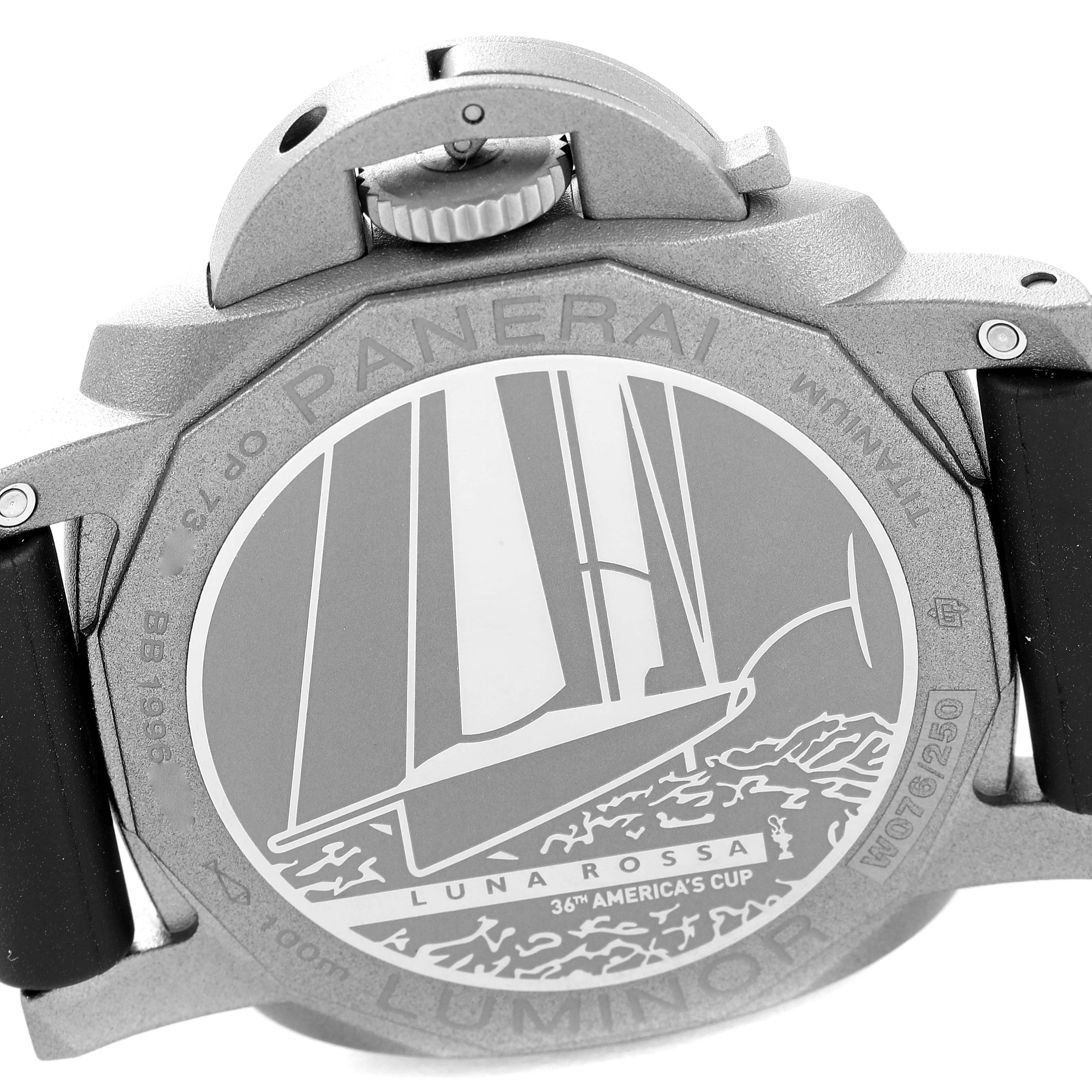 This image shows the back case of a Panerai Luminor PAM01096 Men's Titanium Black Dial PAM01096 Men's Titanium Black Dial watch, highlighting its engraved design with "LUNA ROSSA" and "36th AMERICA'S CUP".