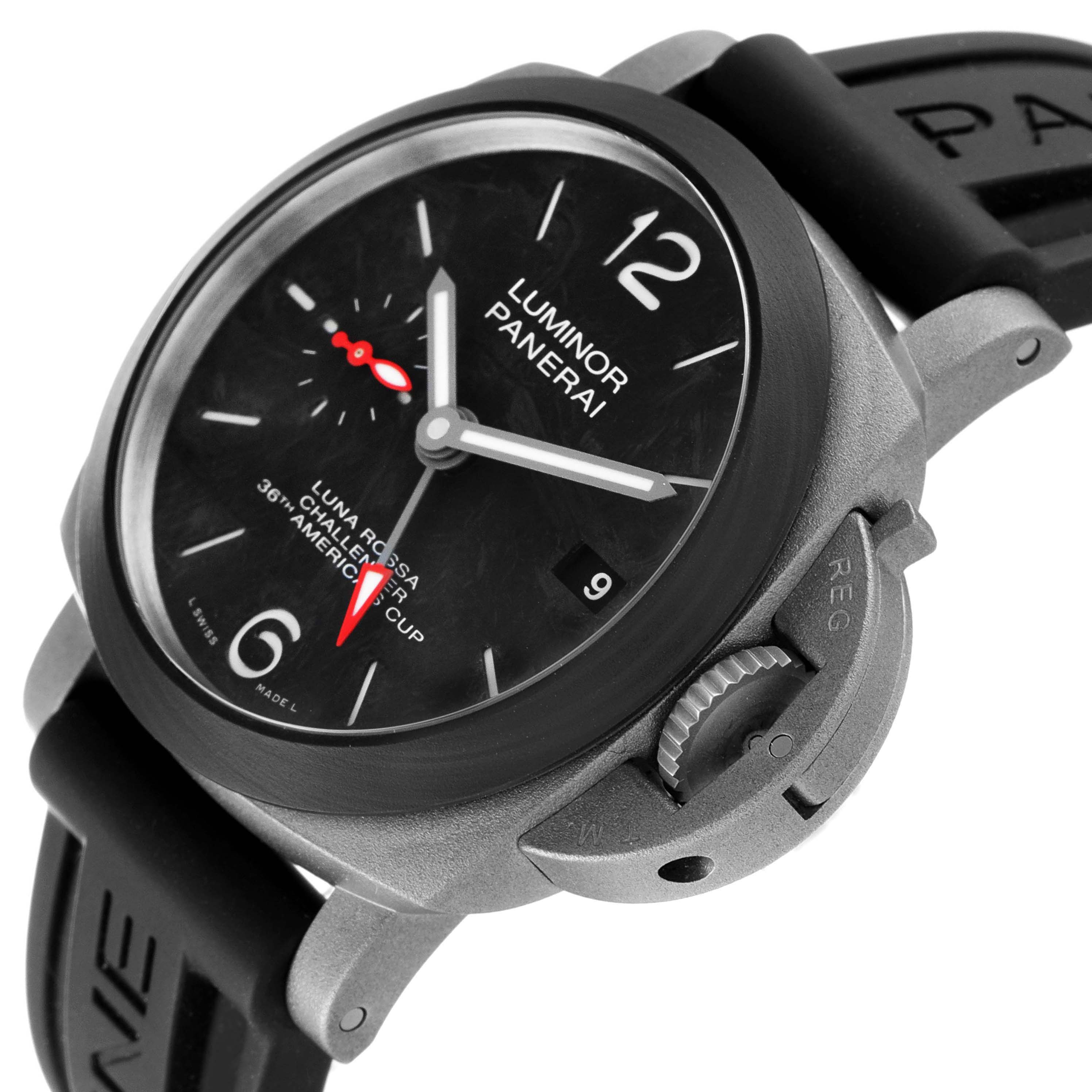 The image shows a side angle of the Panerai Luminor PAM01096 Men's Titanium Black Dial PAM01096 Men's Titanium Black Dial watch, highlighting the dial, bezel, strap, and crown guard.