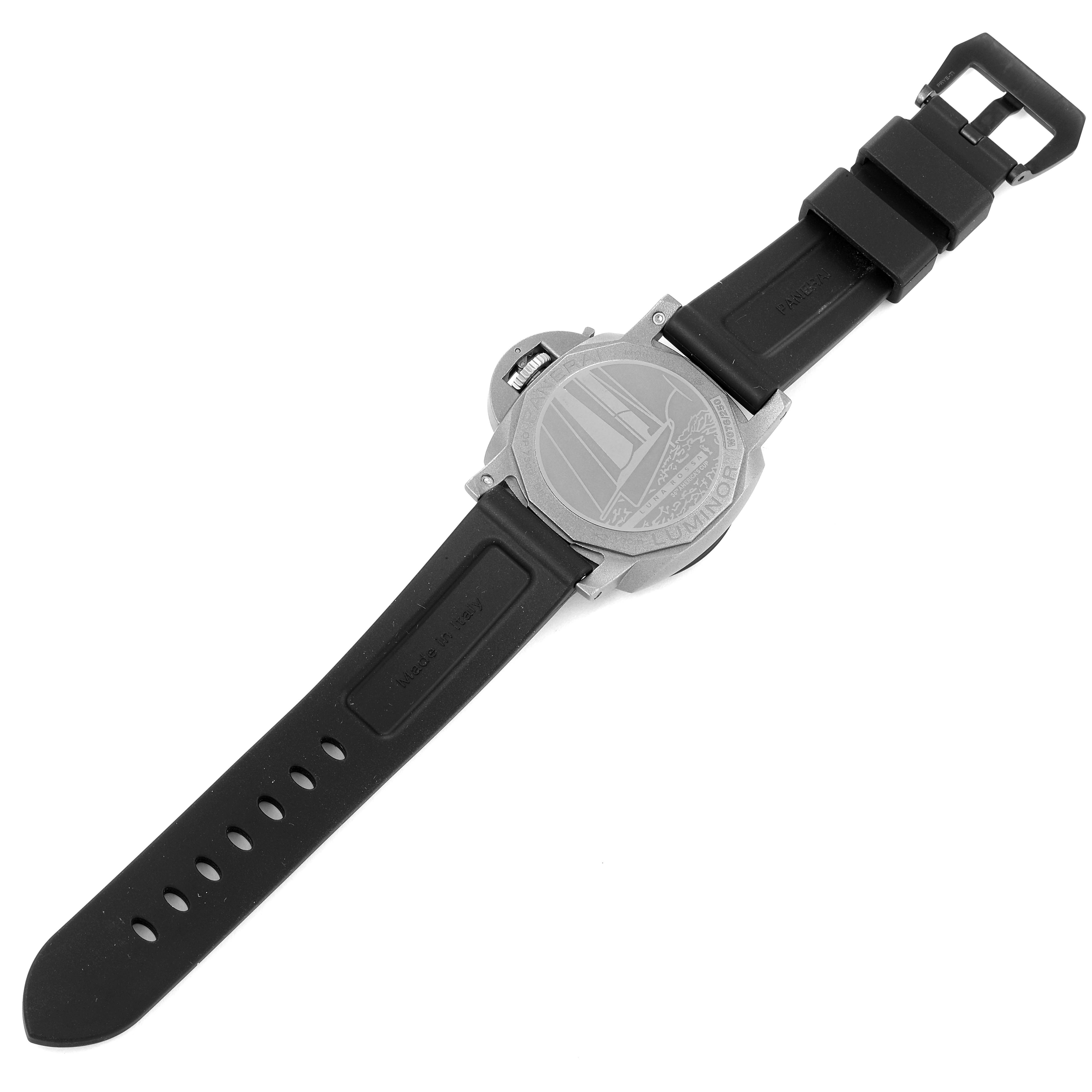 The image shows the back and strap of a Panerai Luminor PAM01096 Men's Titanium Black Dial PAM01096 Men's Titanium Black Dial watch viewed from the rear angle.