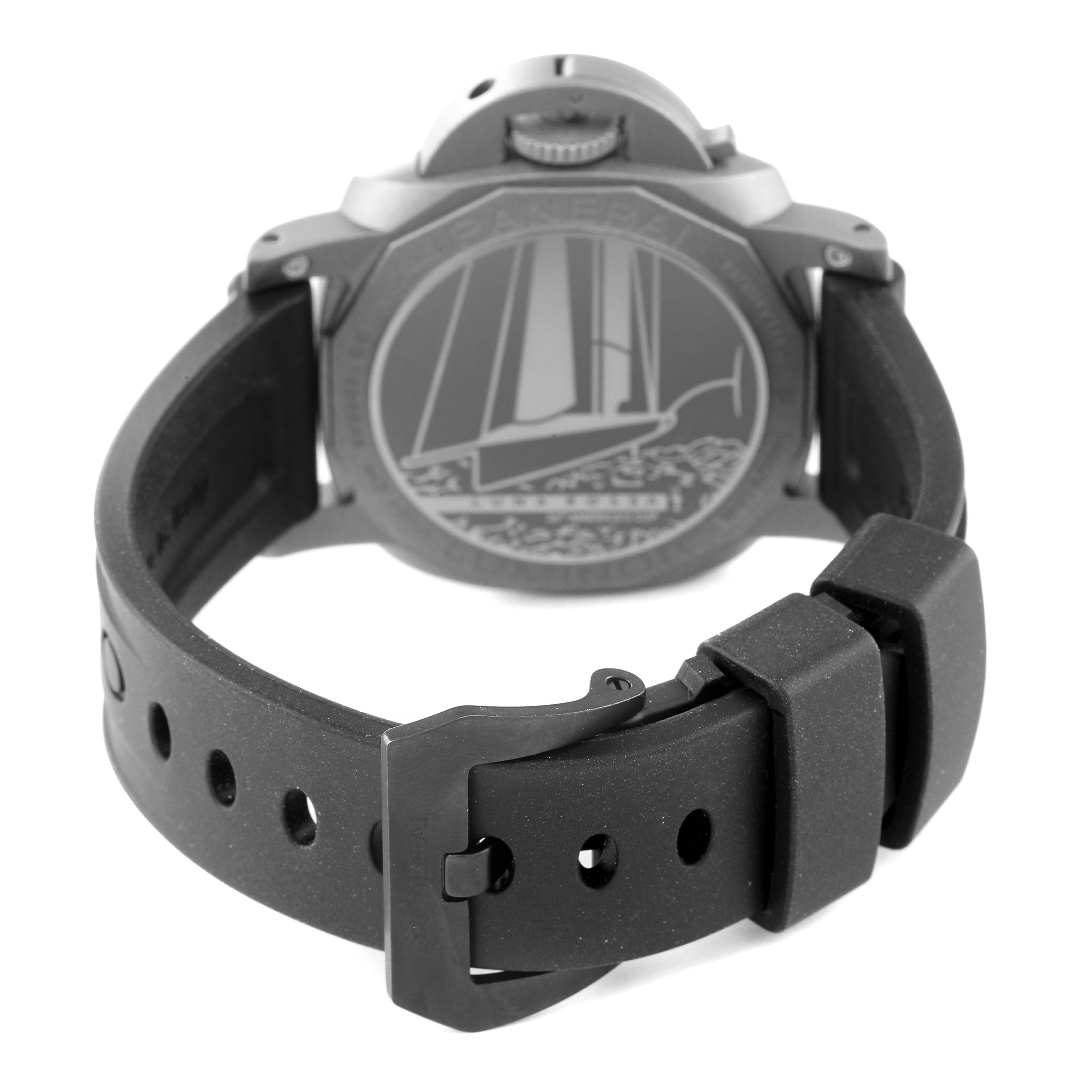 This image shows the back view of a Panerai Luminor PAM01096 Men's Titanium Black Dial PAM01096 Men's Titanium Black Dial watch, highlighting the case back and black rubber strap with buckle.