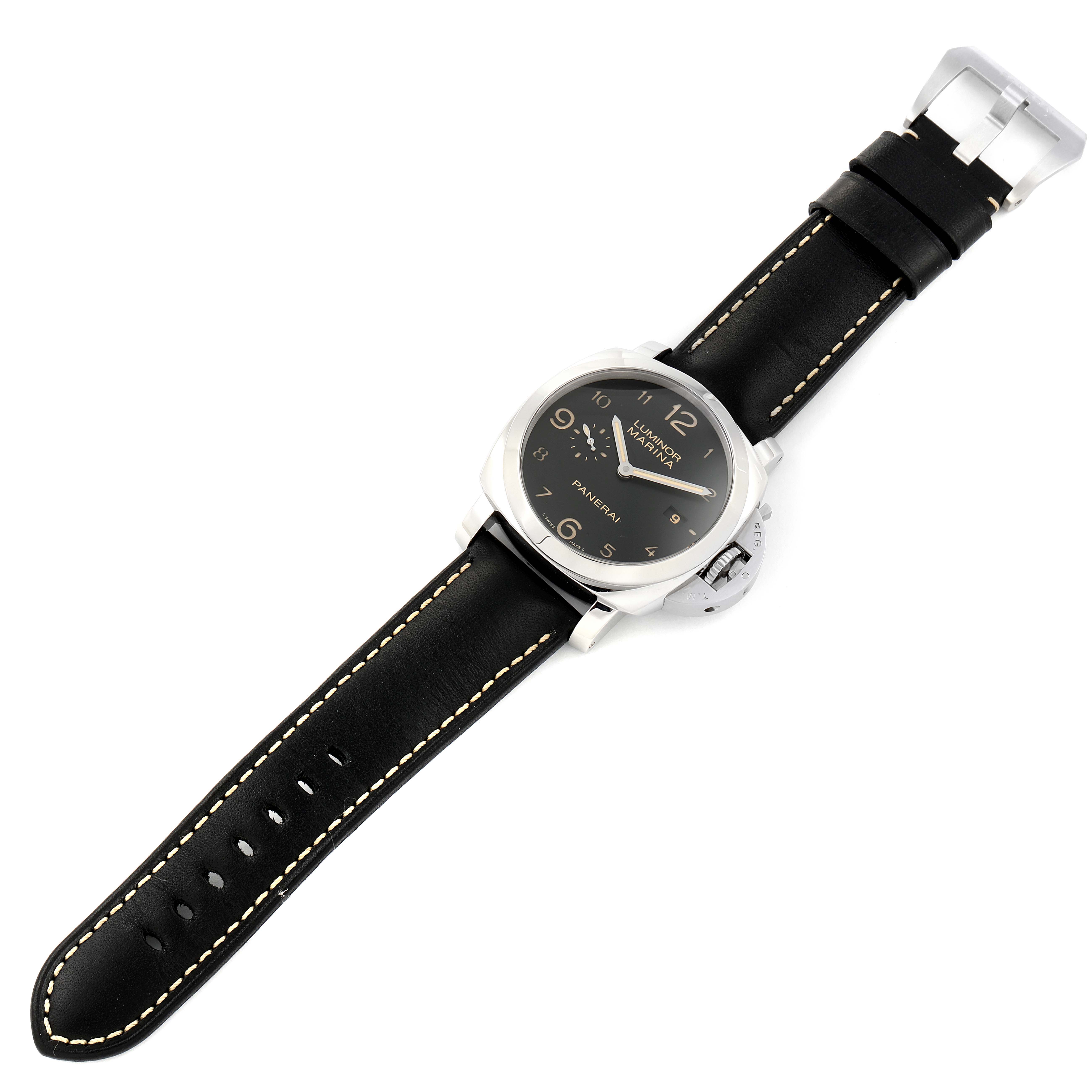 This image shows a Panerai Luminor PAM00359 Men's Stainless Steel Black Dial PAM00359 Men's Stainless Steel Black Dial watch lying flat, displaying the dial, leather strap, and buckle.