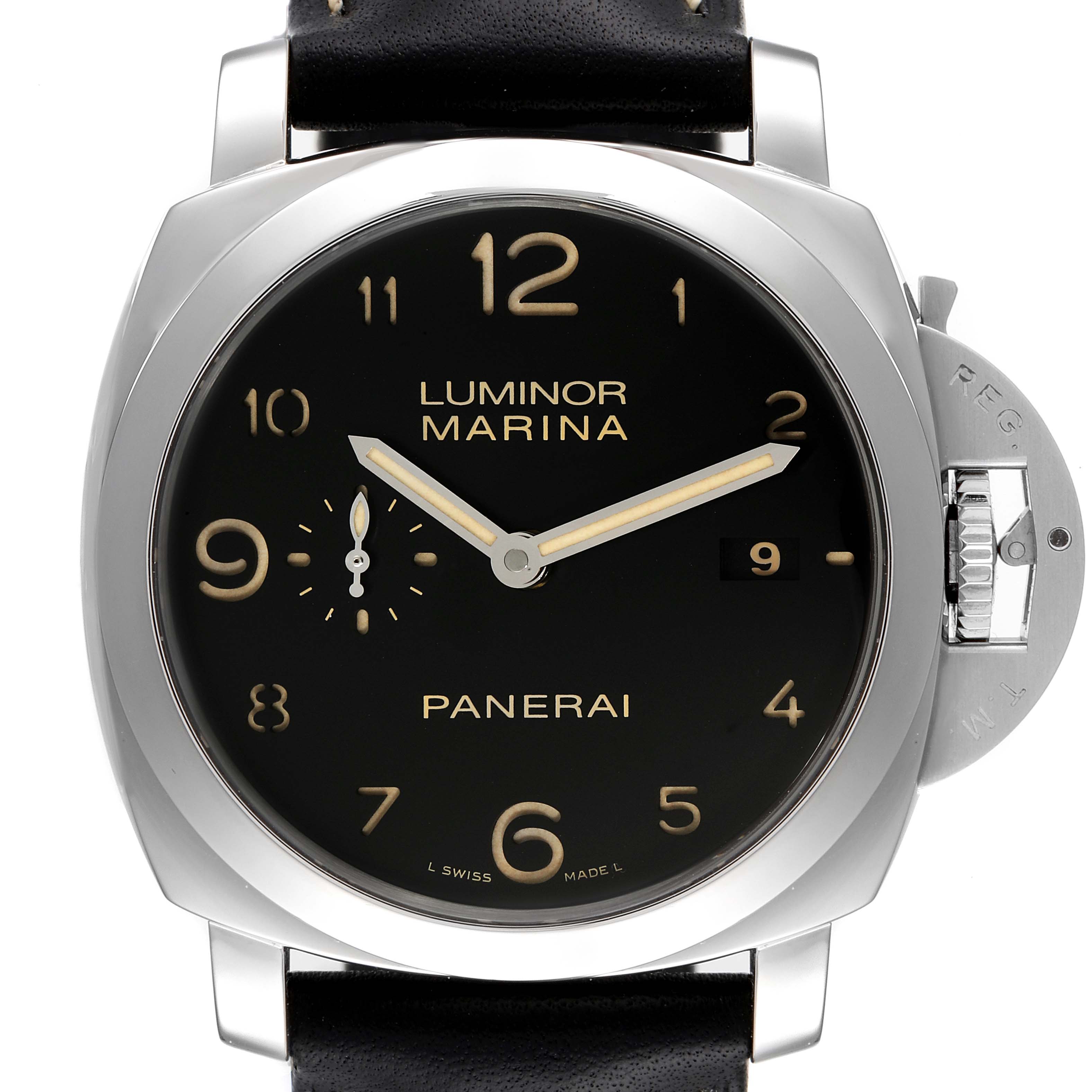 This image shows the front view of a Panerai Luminor PAM00359 Men's Stainless Steel Black Dial PAM00359 Men's Stainless Steel Black Dial Marina watch, highlighting the watch face, dial, and crown guard.