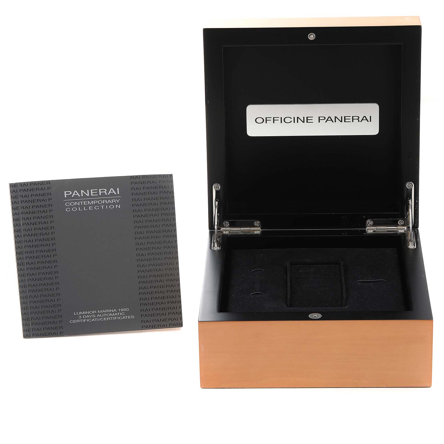 The image shows an open Panerai Luminor PAM00359 Men's Stainless Steel Black Dial PAM00359 Men's Stainless Steel Black Dial watch box and the accompanying certificate booklet.