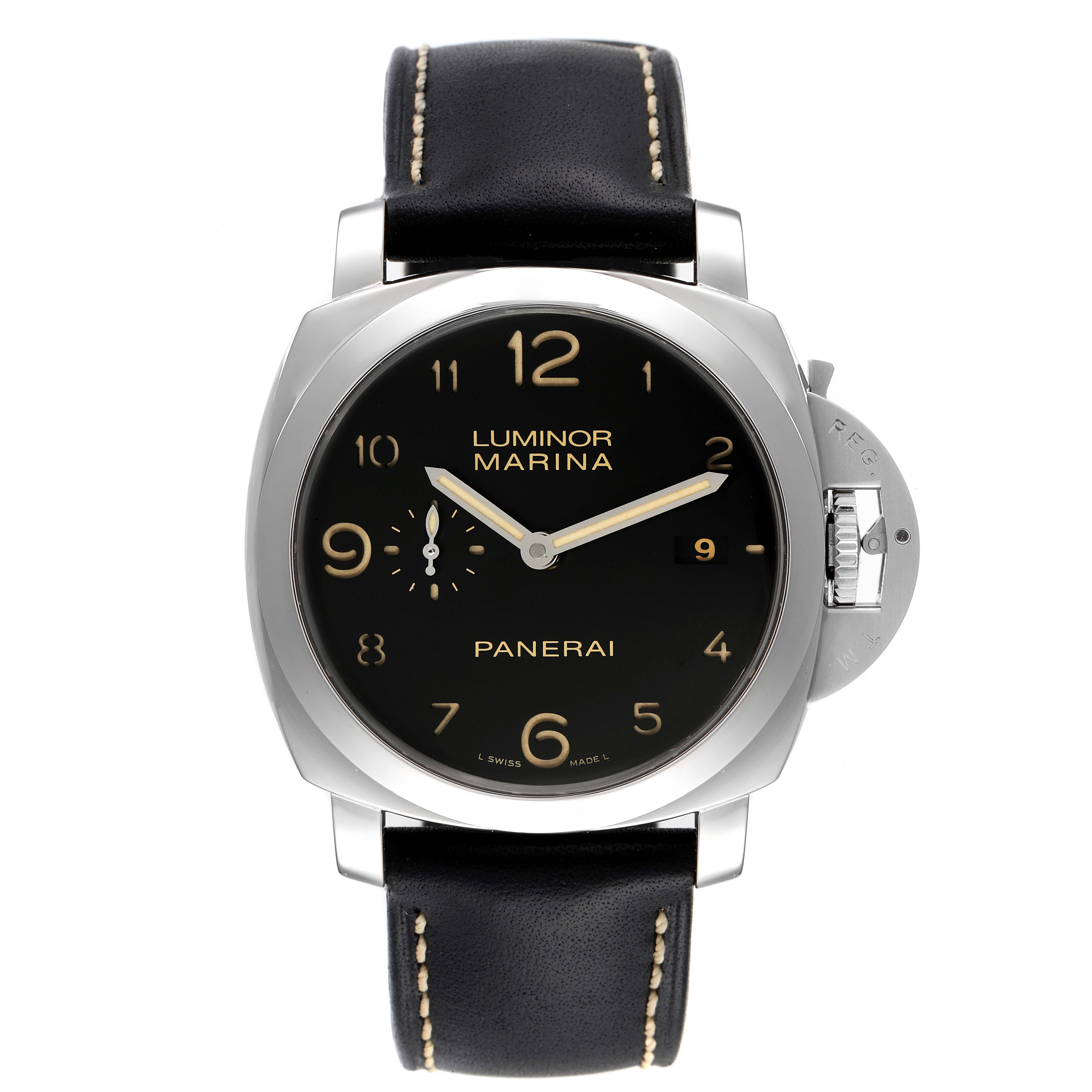 Front view of a Panerai Luminor PAM00359 Men's Stainless Steel Black Dial PAM00359 Men's Stainless Steel Black Dial watch, displaying its face, bezel, crown guard, and black leather strap.