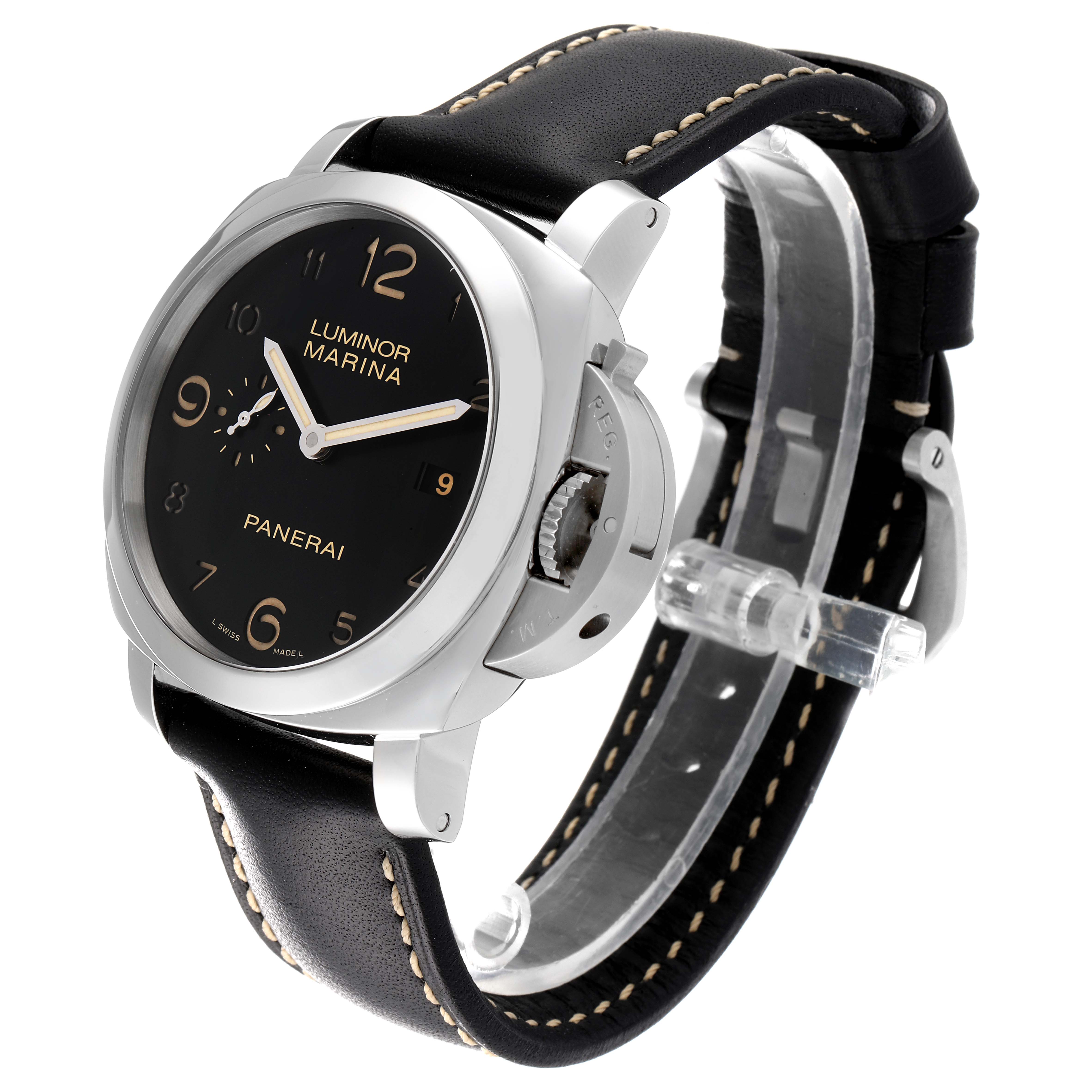 The image shows a Panerai Luminor PAM00359 Men's Stainless Steel Black Dial PAM00359 Men's Stainless Steel Black Dial watch at a slight angle, highlighting its black dial, metal case, and black leather strap.