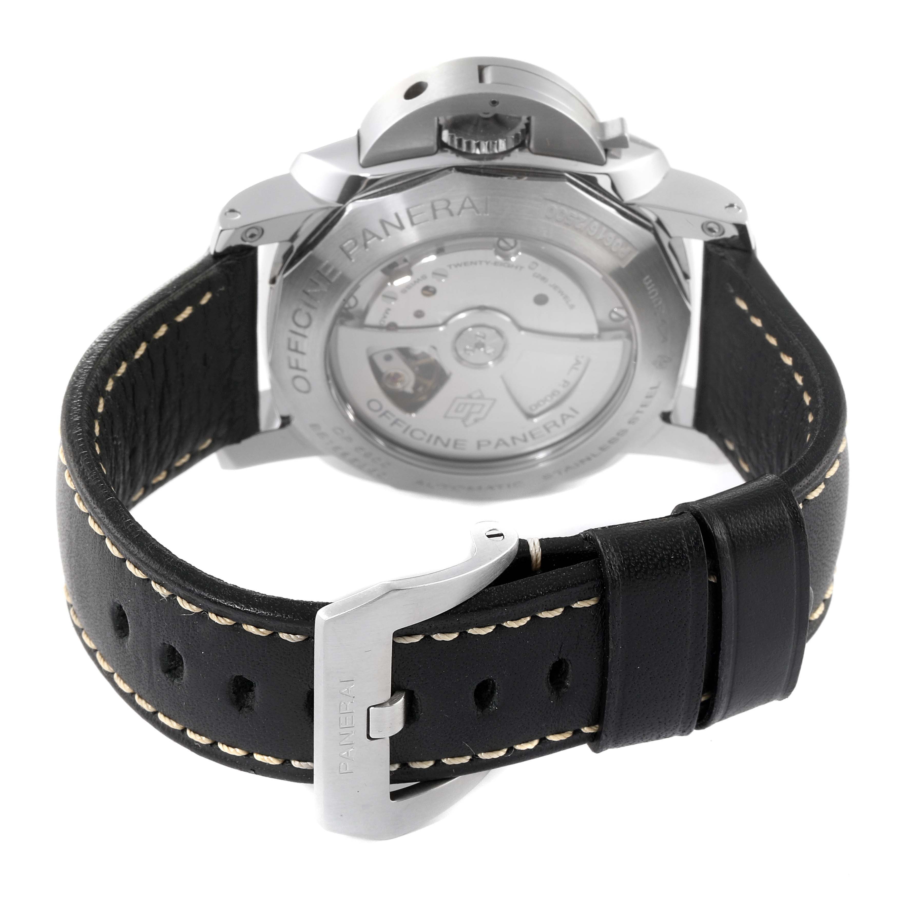 The image shows the back view of a Panerai Luminor PAM00359 Men's Stainless Steel Black Dial PAM00359 Men's Stainless Steel Black Dial watch, highlighting the transparent case back and black leather strap with buckle.