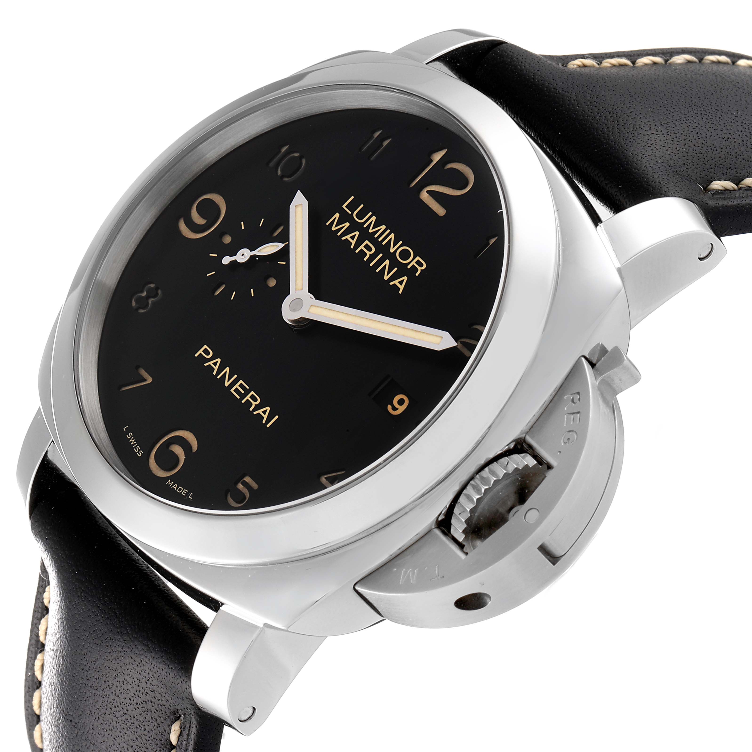 The image shows a Panerai Luminor PAM00359 Men's Stainless Steel Black Dial PAM00359 Men's Stainless Steel Black Dial watch from a three-quarter angle, highlighting its case, dial, crown guard, and strap.