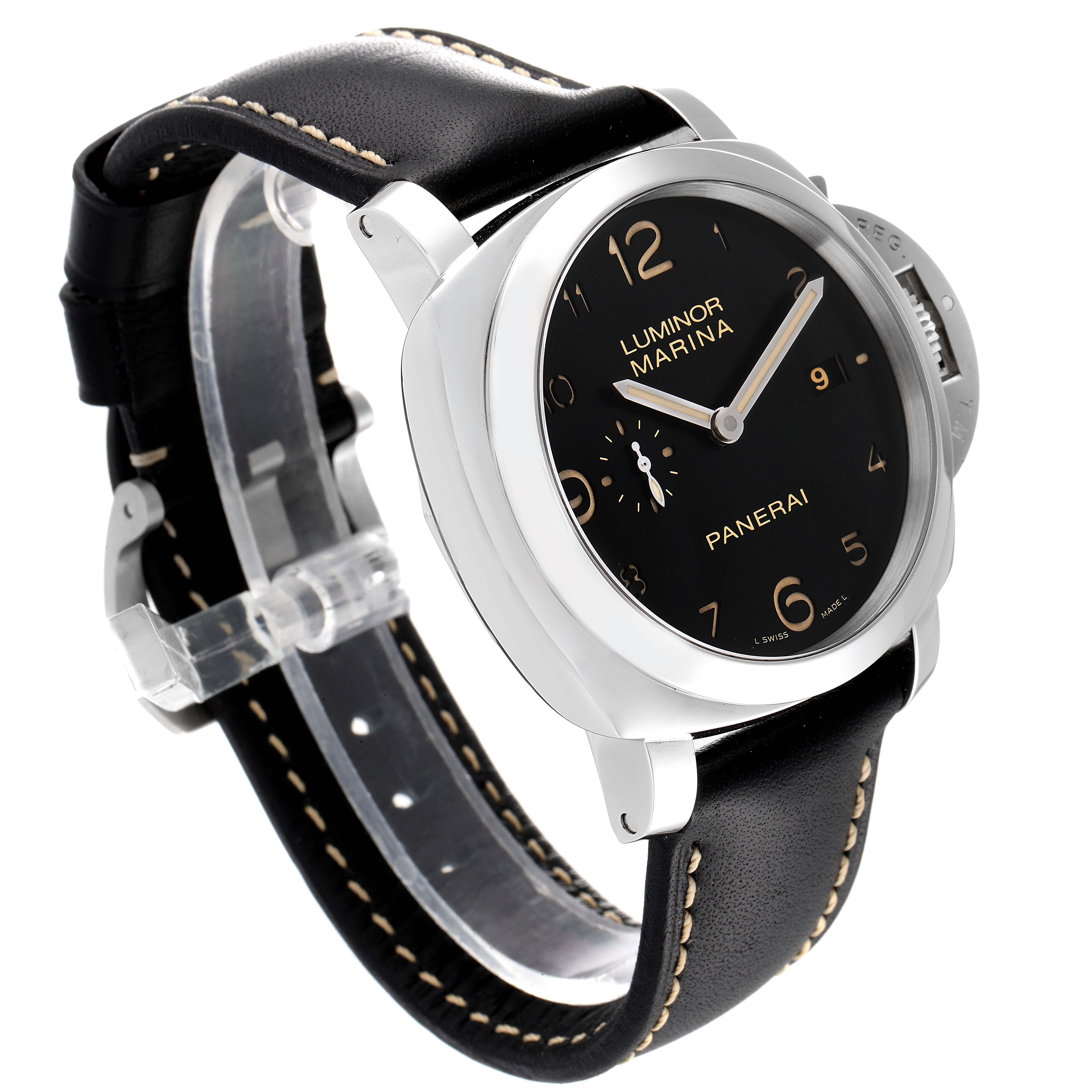 The image shows the Panerai Luminor PAM00359 Men's Stainless Steel Black Dial PAM00359 Men's Stainless Steel Black Dial watch at an angled side view highlighting its face, bezel, crown guard, and leather strap.