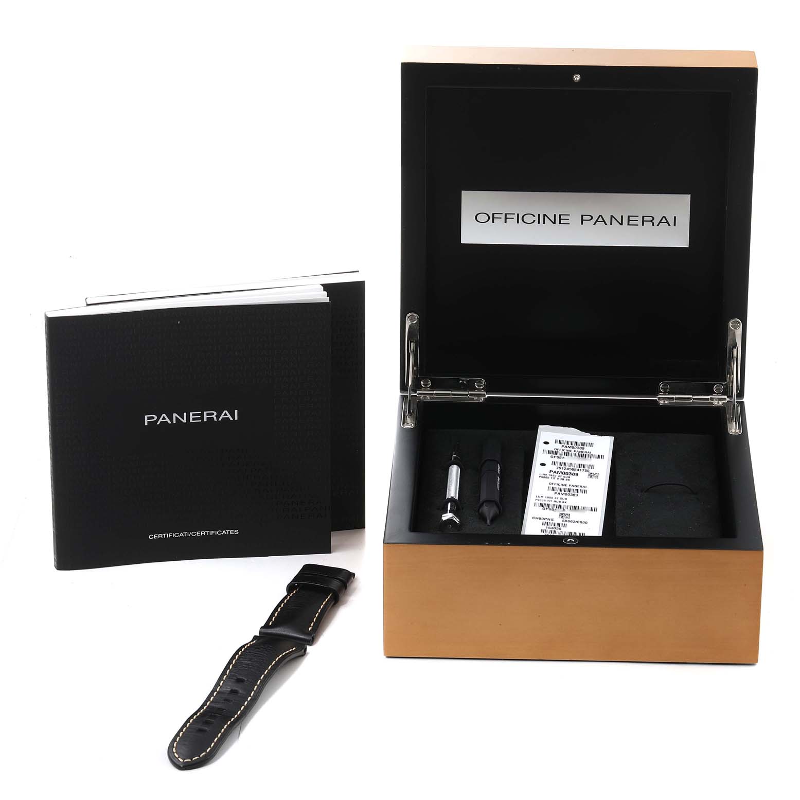 The image shows an open box with "Officine Panerai" branding, watch tools, a booklet, and a strap for the Panerai Submersible PAM00389 Men's Titanium Black Dial PAM00389 Men's Titanium Black Dial model.
