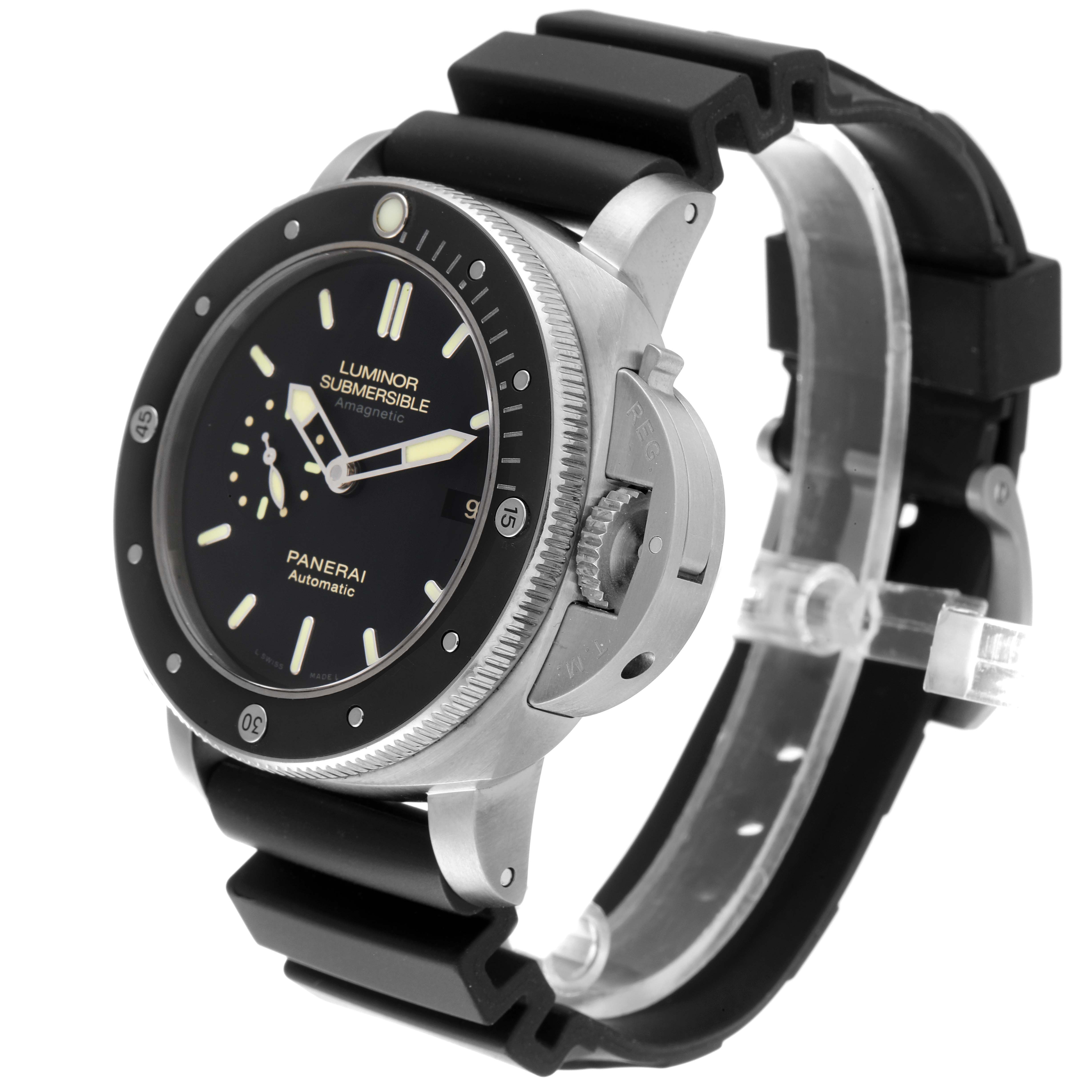 This image shows a Panerai Submersible PAM00389 Men's Titanium Black Dial PAM00389 Men's Titanium Black Dial watch from a three-quarter angle, highlighting the dial, bezel, crown guard, and rubber strap.