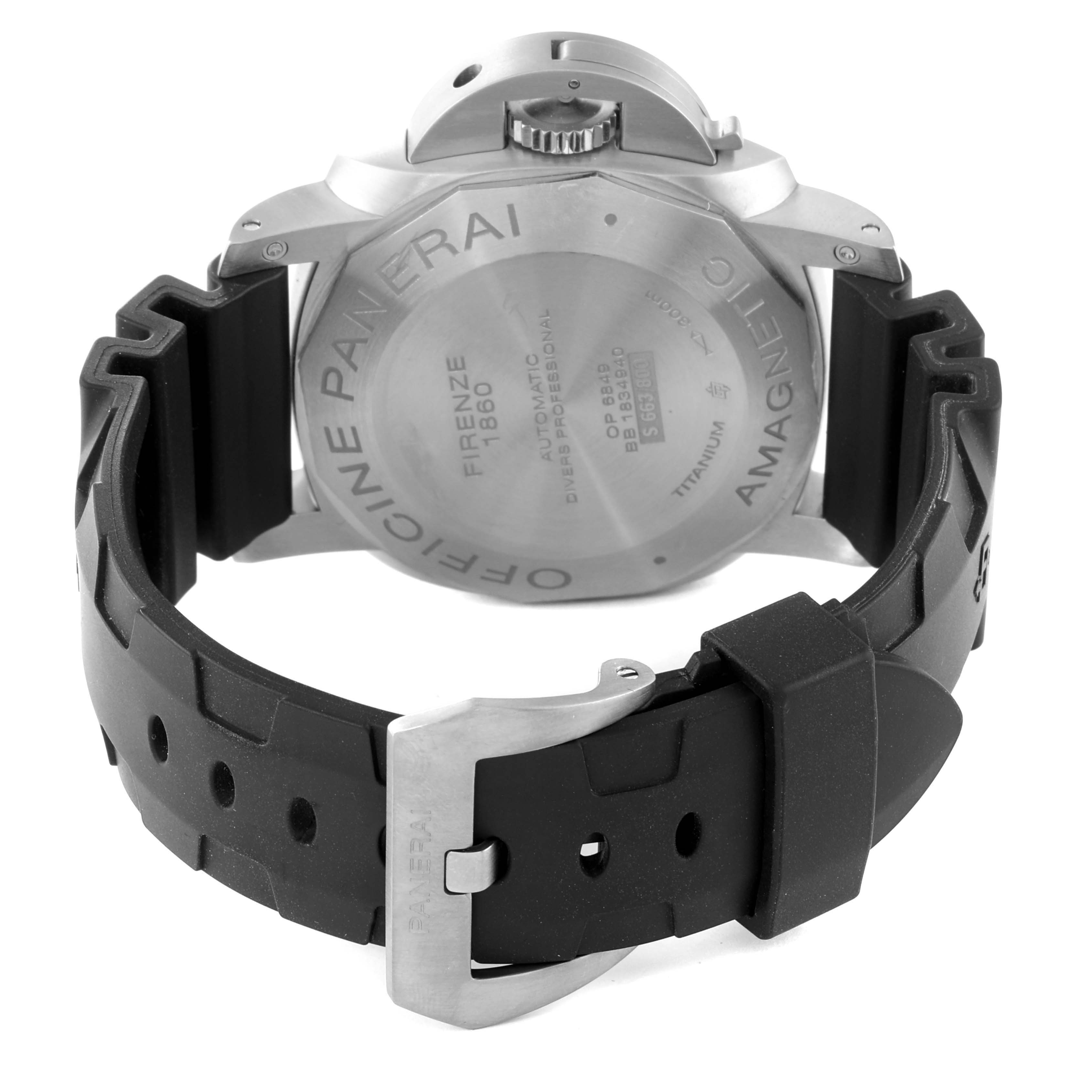The image shows the back and strap of the Panerai Submersible PAM00389 Men's Titanium Black Dial PAM00389 Men's Titanium Black Dial watch, highlighting the titanium case and black rubber strap.