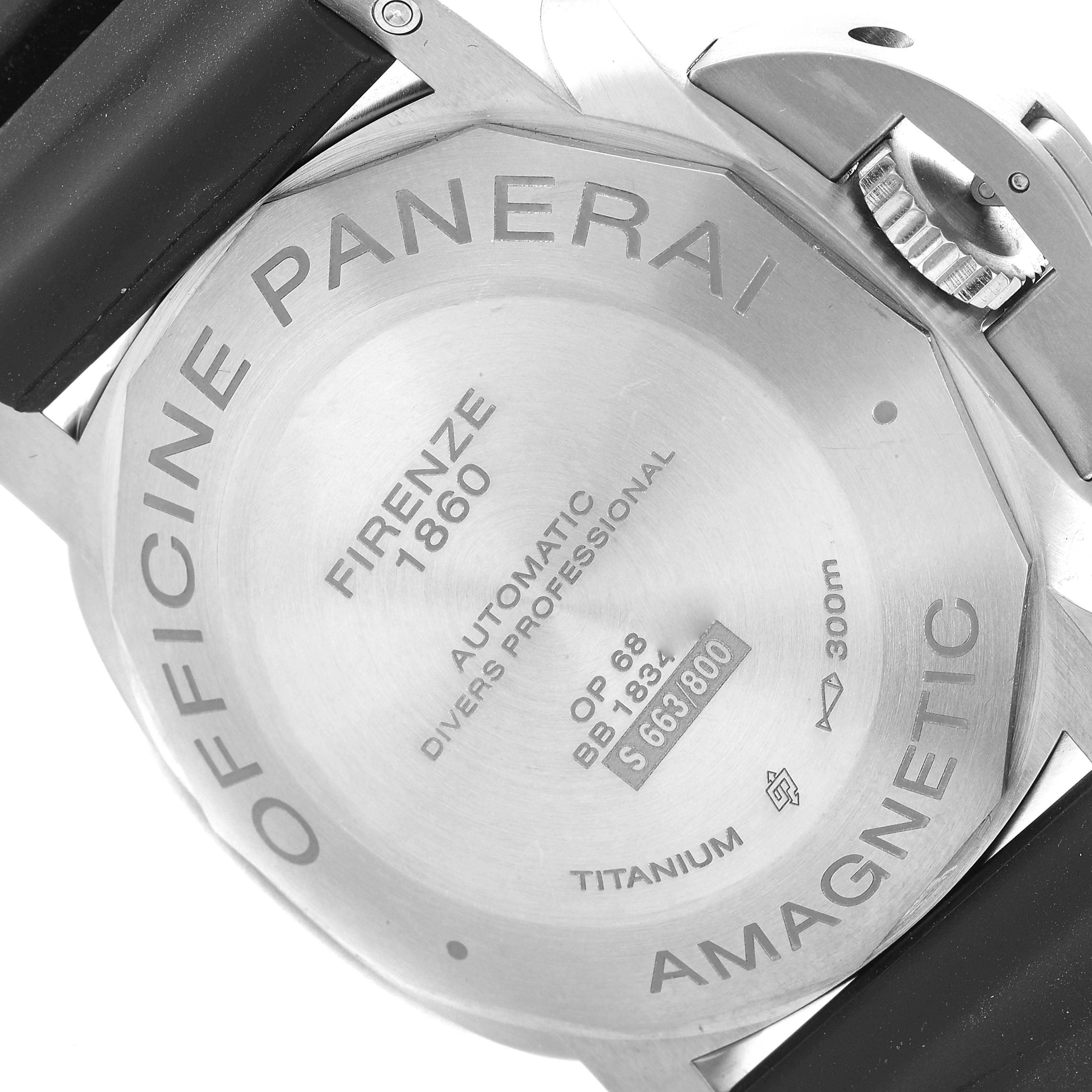 The image shows the back casing of a Panerai Submersible PAM00389 Men's Titanium Black Dial PAM00389 Men's Titanium Black Dial watch, highlighting details like brand engravings and specifications.