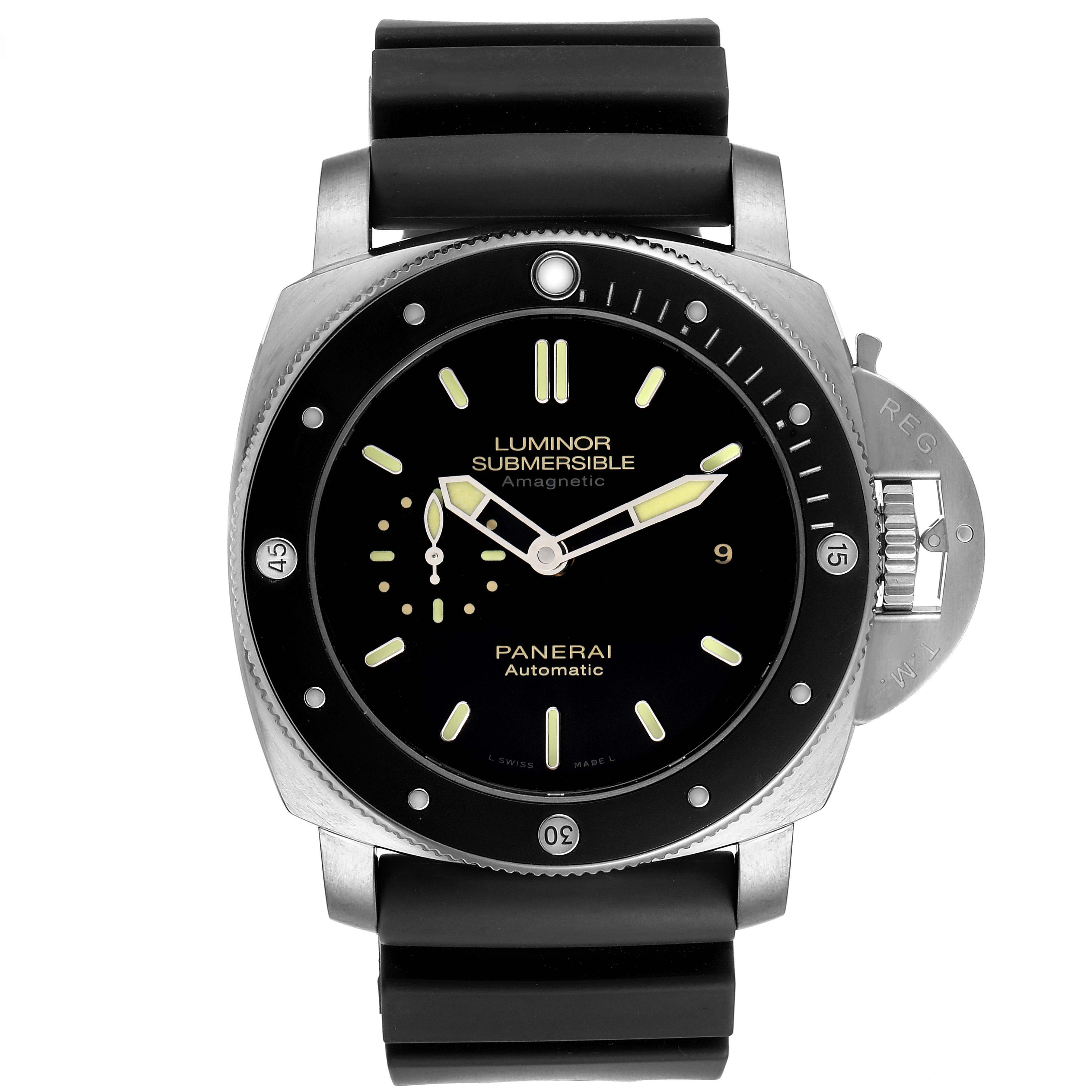 The image shows a front view of a Panerai Luminor Submersible watch with its dial, bezel, crown guard, and strap visible.