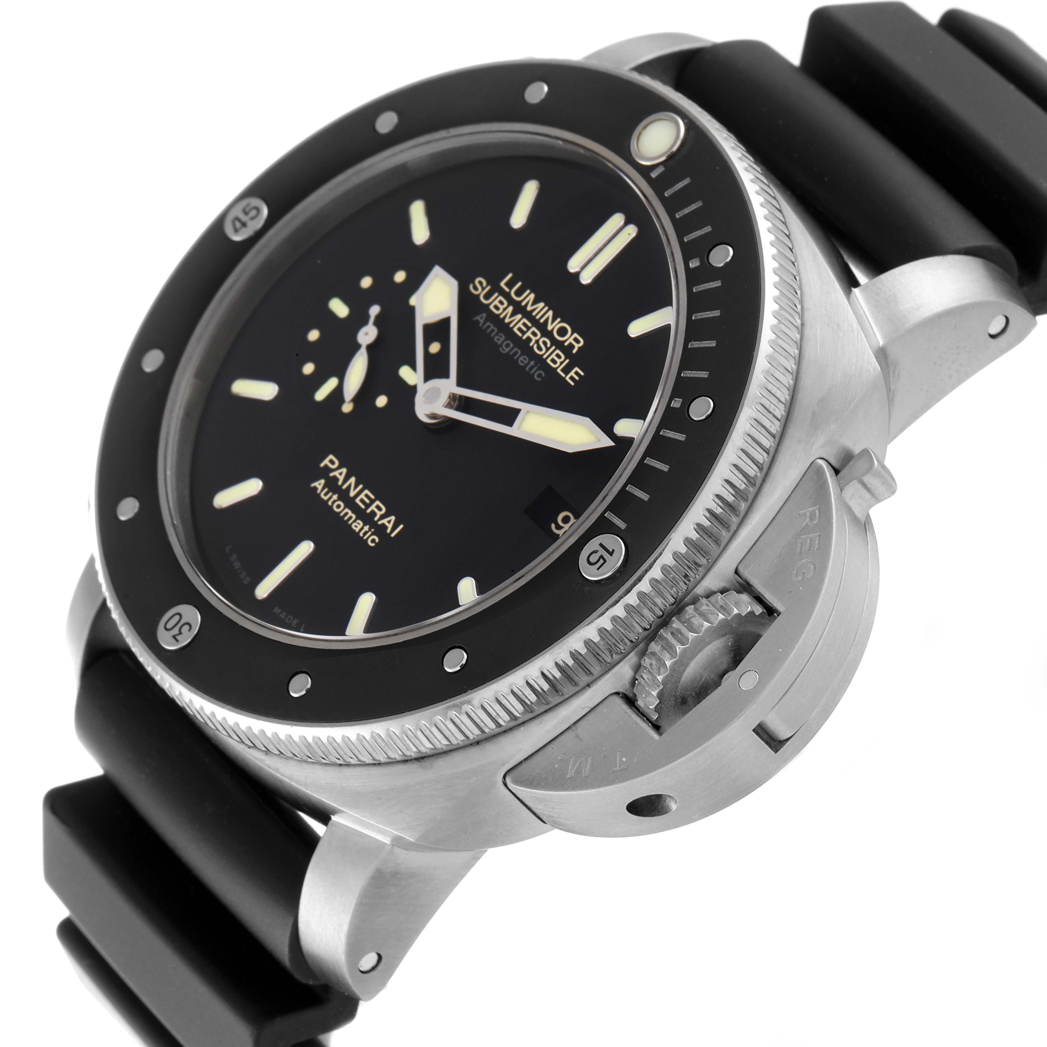 The image shows a Panerai Submersible PAM00389 Men's Titanium Black Dial PAM00389 Men's Titanium Black Dial watch at an angle highlighting the dial, bezel, and crown guard.