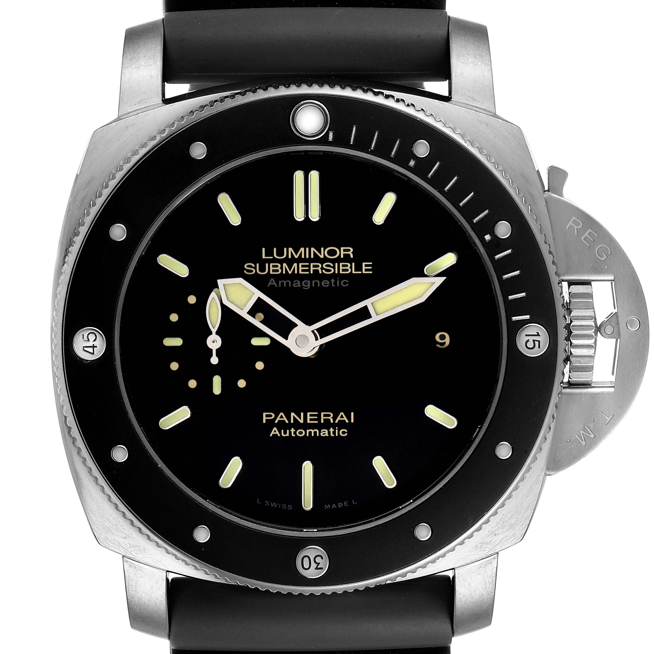 The Panerai Submersible PAM00389 Men's Titanium Black Dial PAM00389 Men's Titanium Black Dial watch is shown from a front angle, highlighting its dial, bezel, and crown guard.