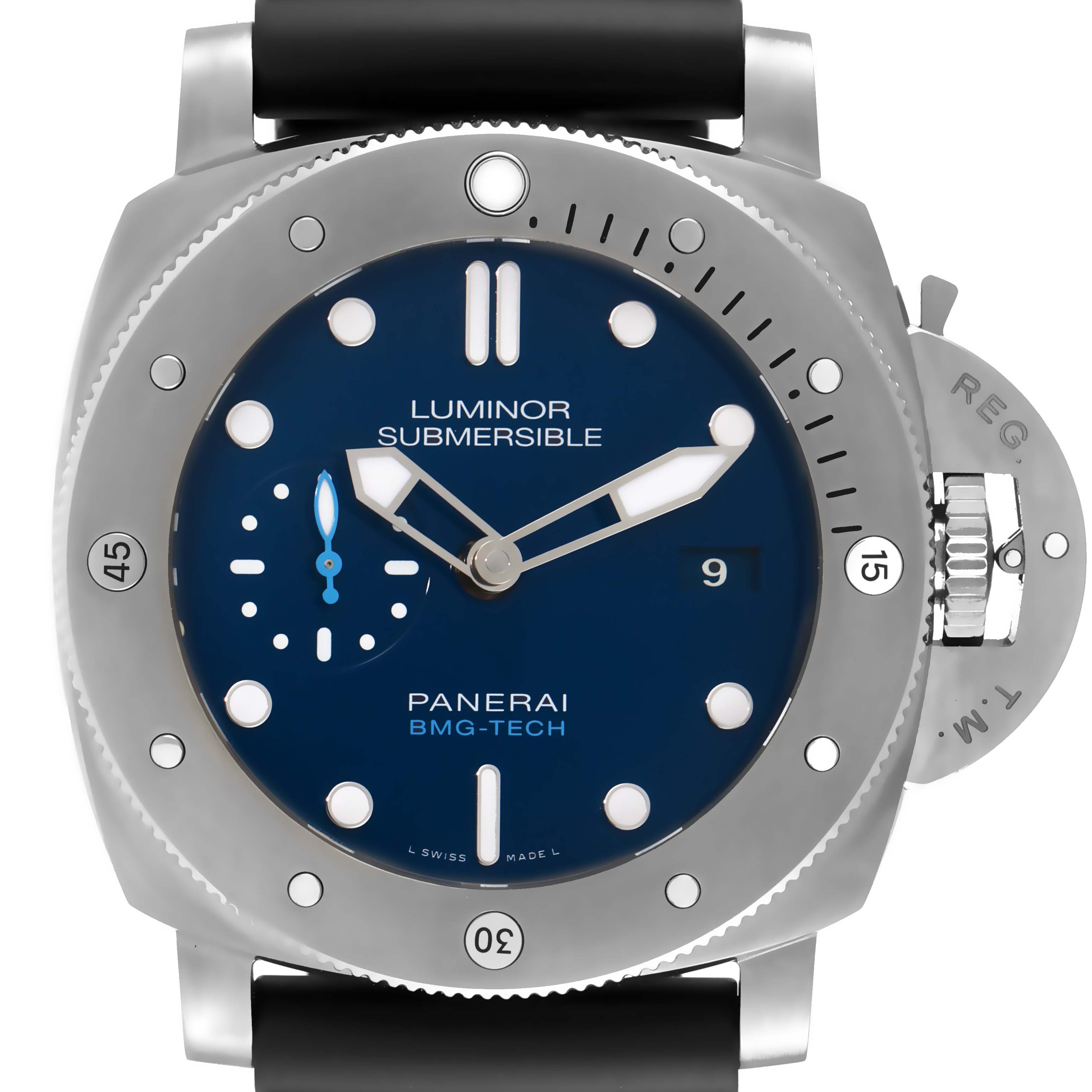 The image shows a front view of a Panerai Submersible PAM00692 Men
s Stainless Steel Blue Dial PAM00692 Men
s Stainless Steel Blue Dial model watch, featuring its blue dial, subdial, and rotating bezel.