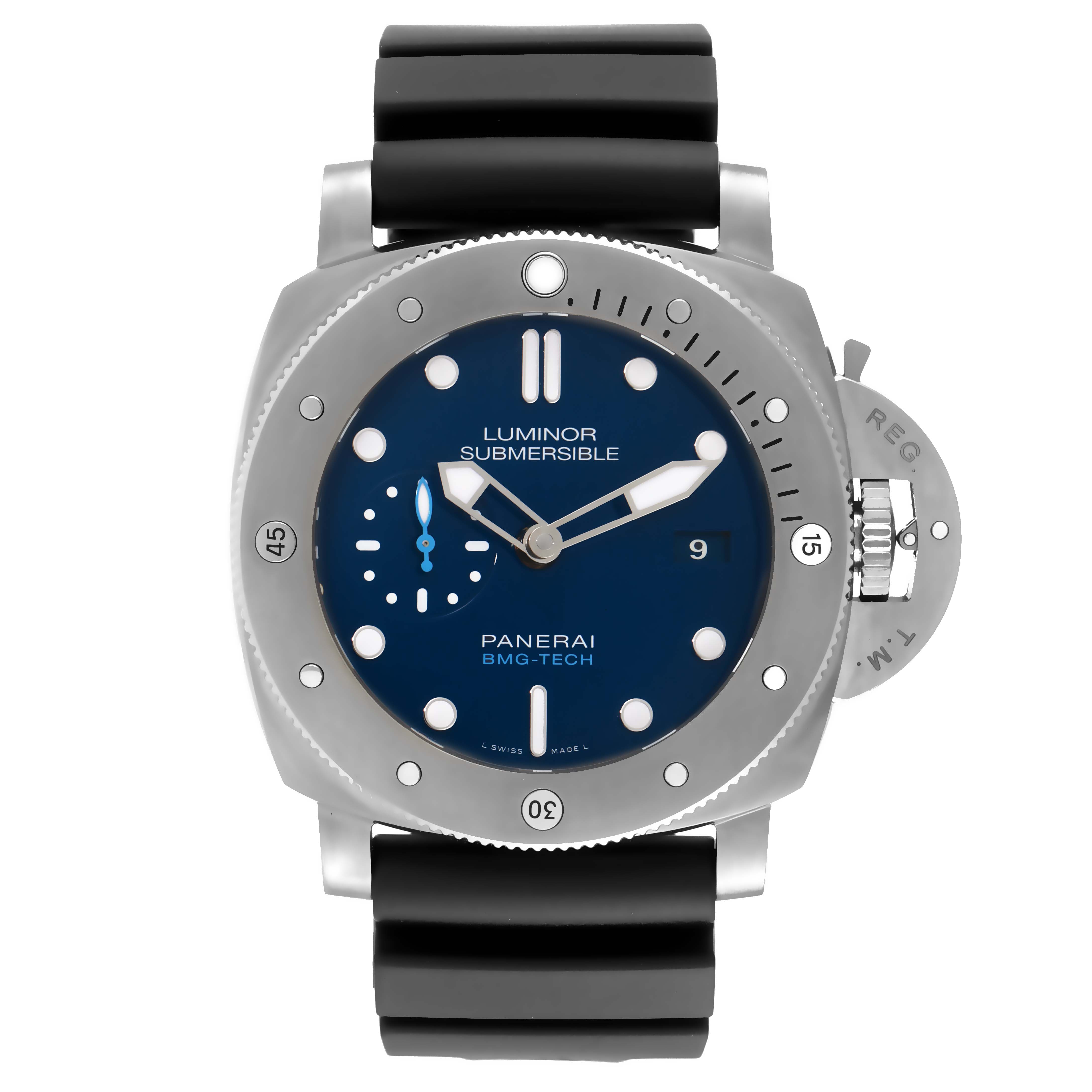 The image shows a front view of the Panerai Submersible PAM00692 Men
s Stainless Steel Blue Dial PAM00692 Men
s Stainless Steel Blue Dial watch, highlighting the dial, bezel, and strap.