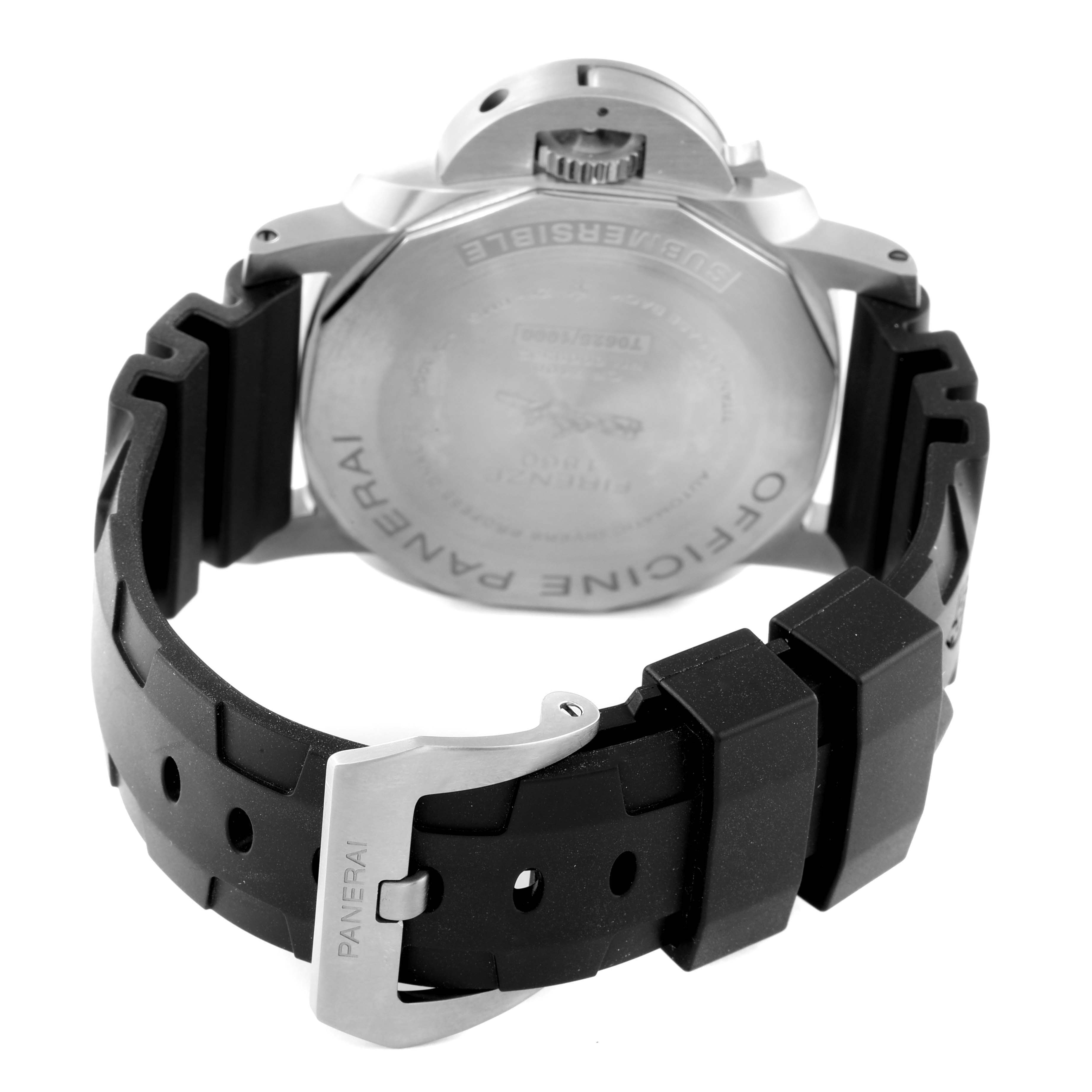 The image shows the back angle of the Panerai Submersible PAM00692 Men
s Stainless Steel Blue Dial PAM00692 Men
s Stainless Steel Blue Dial watch, emphasizing the case back and black rubber strap with a Panerai buckle.