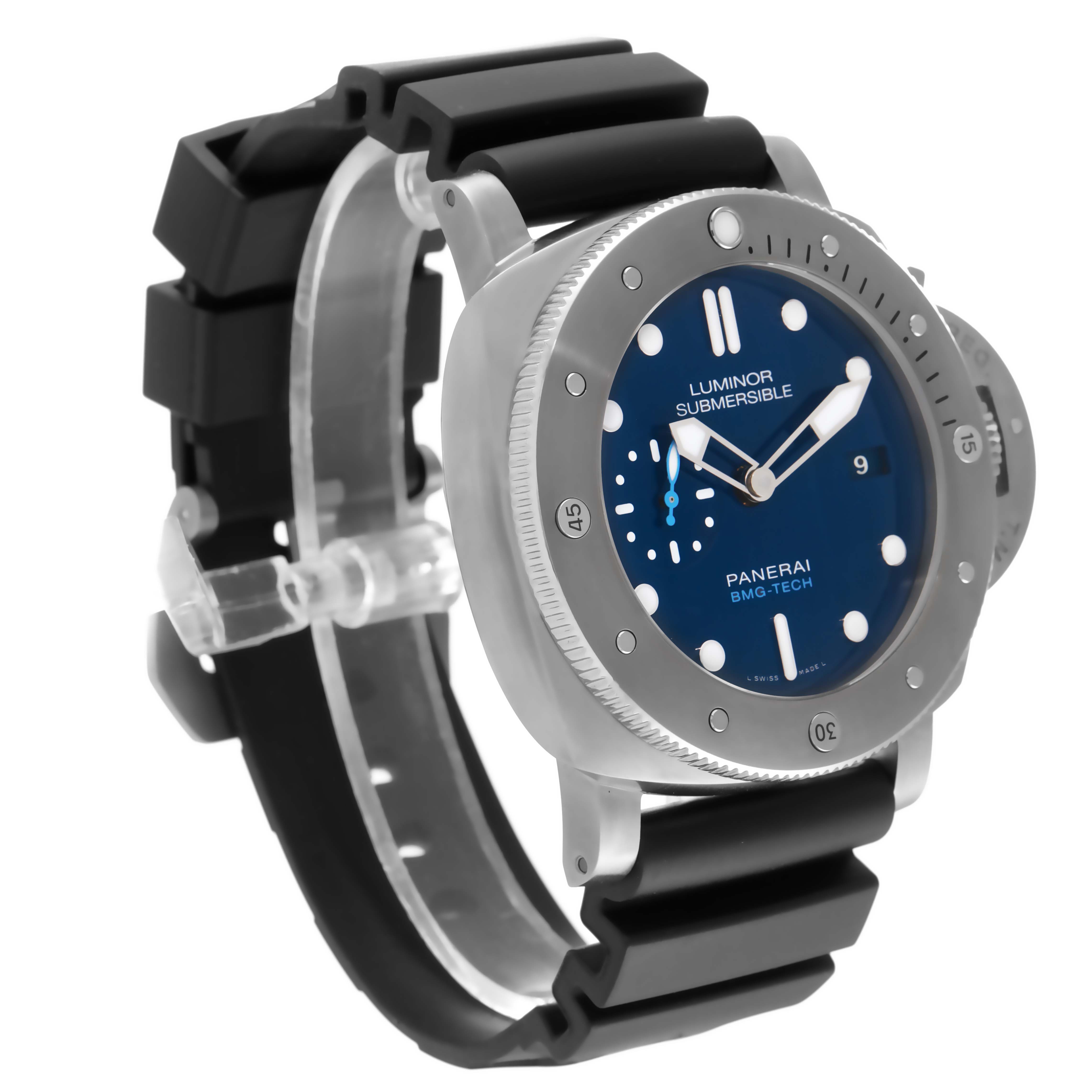 The image shows a side-angle view of the Panerai Luminor Submersible watch, highlighting its black strap and blue dial.