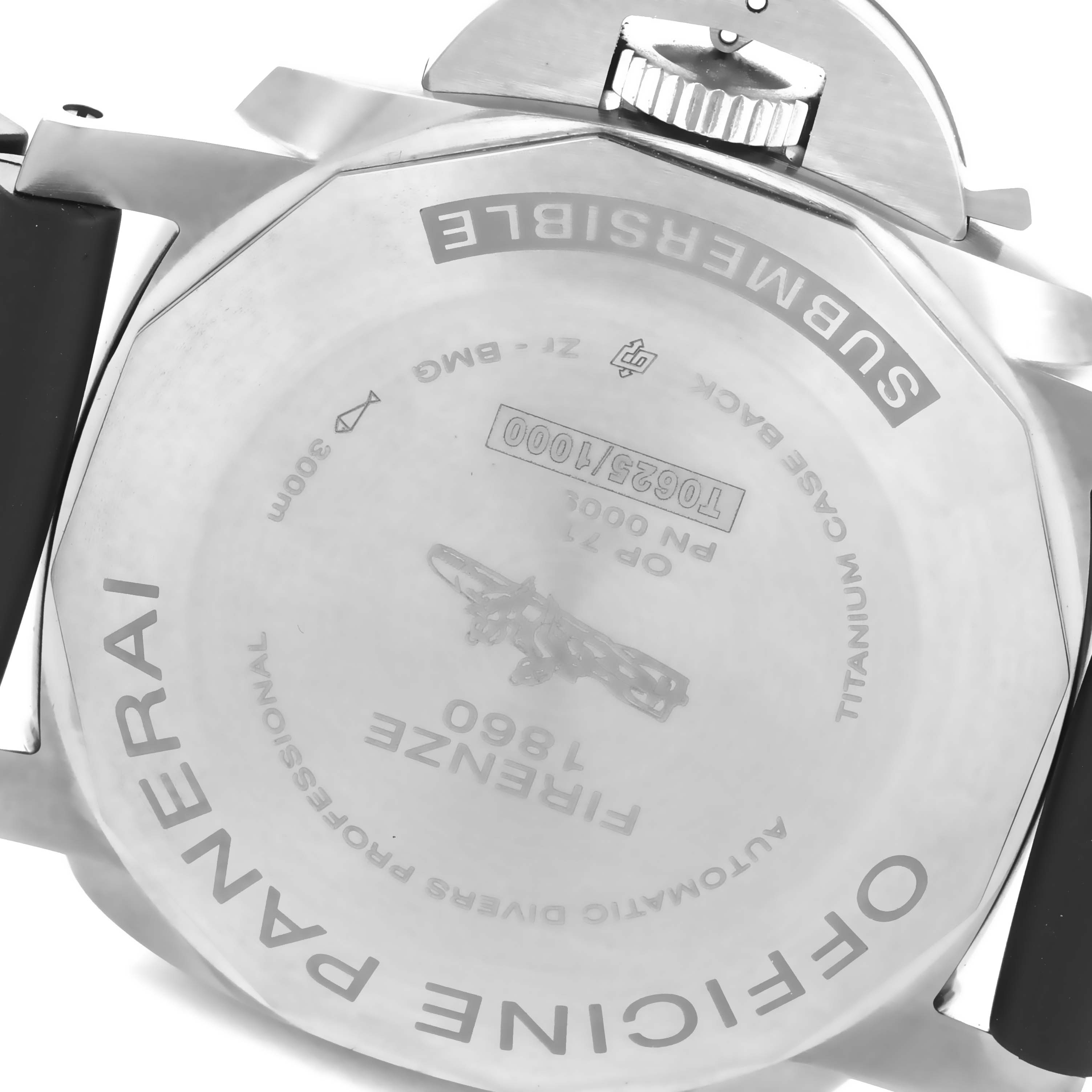 The image shows the backside of a Panerai Submersible PAM00692 Men
s Stainless Steel Blue Dial PAM00692 Men
s Stainless Steel Blue Dial watch, highlighting its case back and strap.