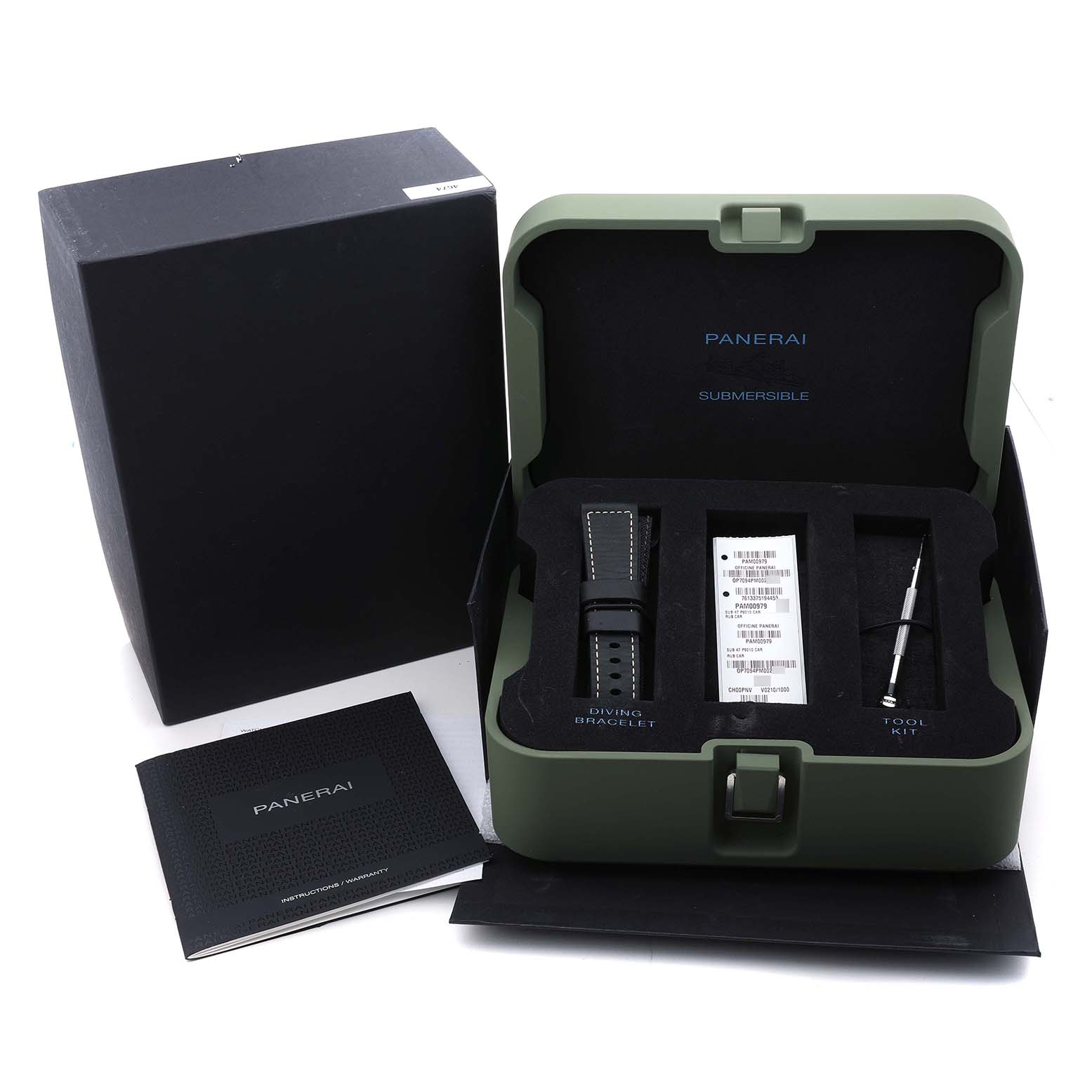 The image shows a top view of a Panerai Submersible PAM00979 Men's Titanium Grey Dial box set with a diving bracelet and tool kit.