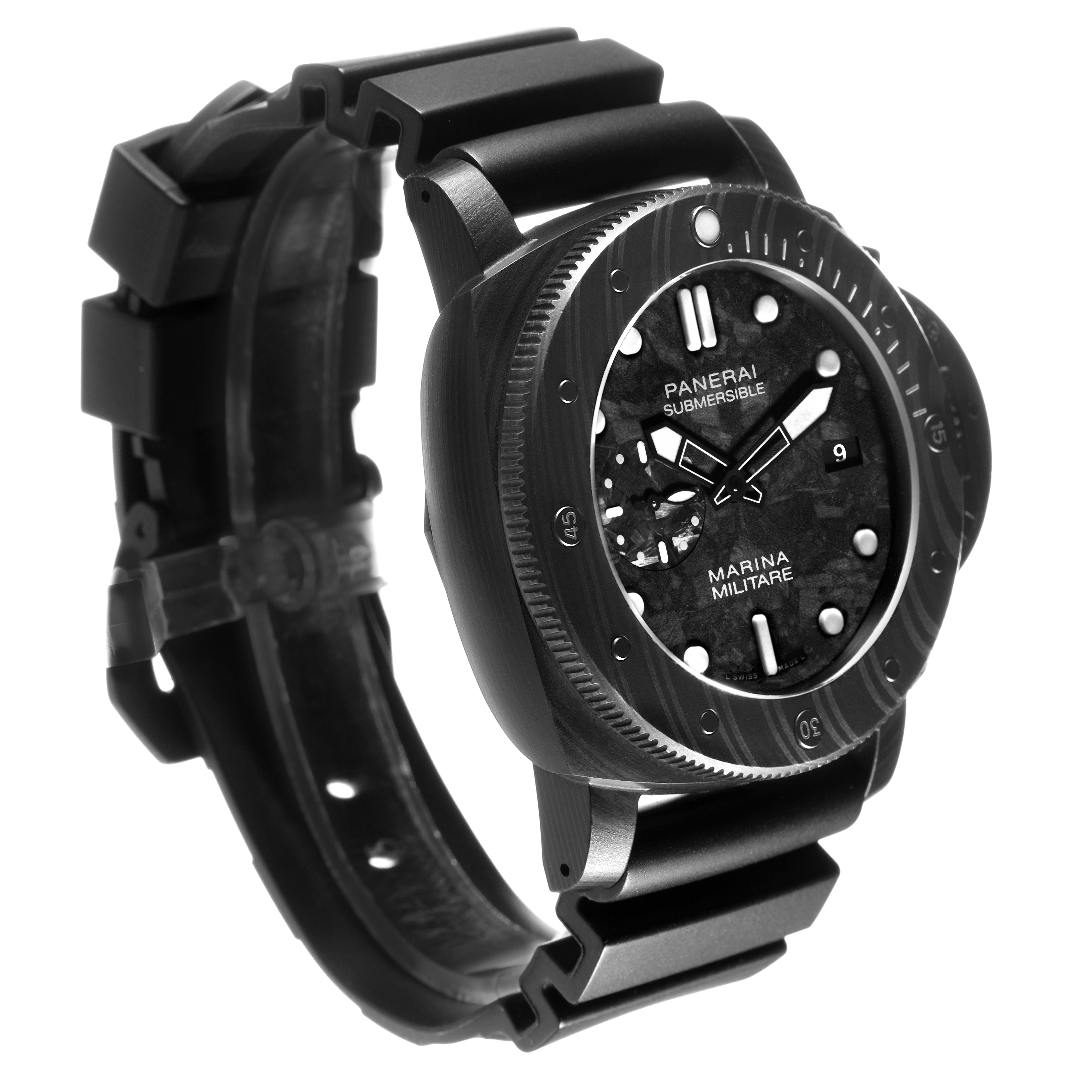 The Panerai Submersible PAM00979 Men's Titanium Grey Dial watch is shown at a three-quarter angle, highlighting the face, bezel, and part of the strap.