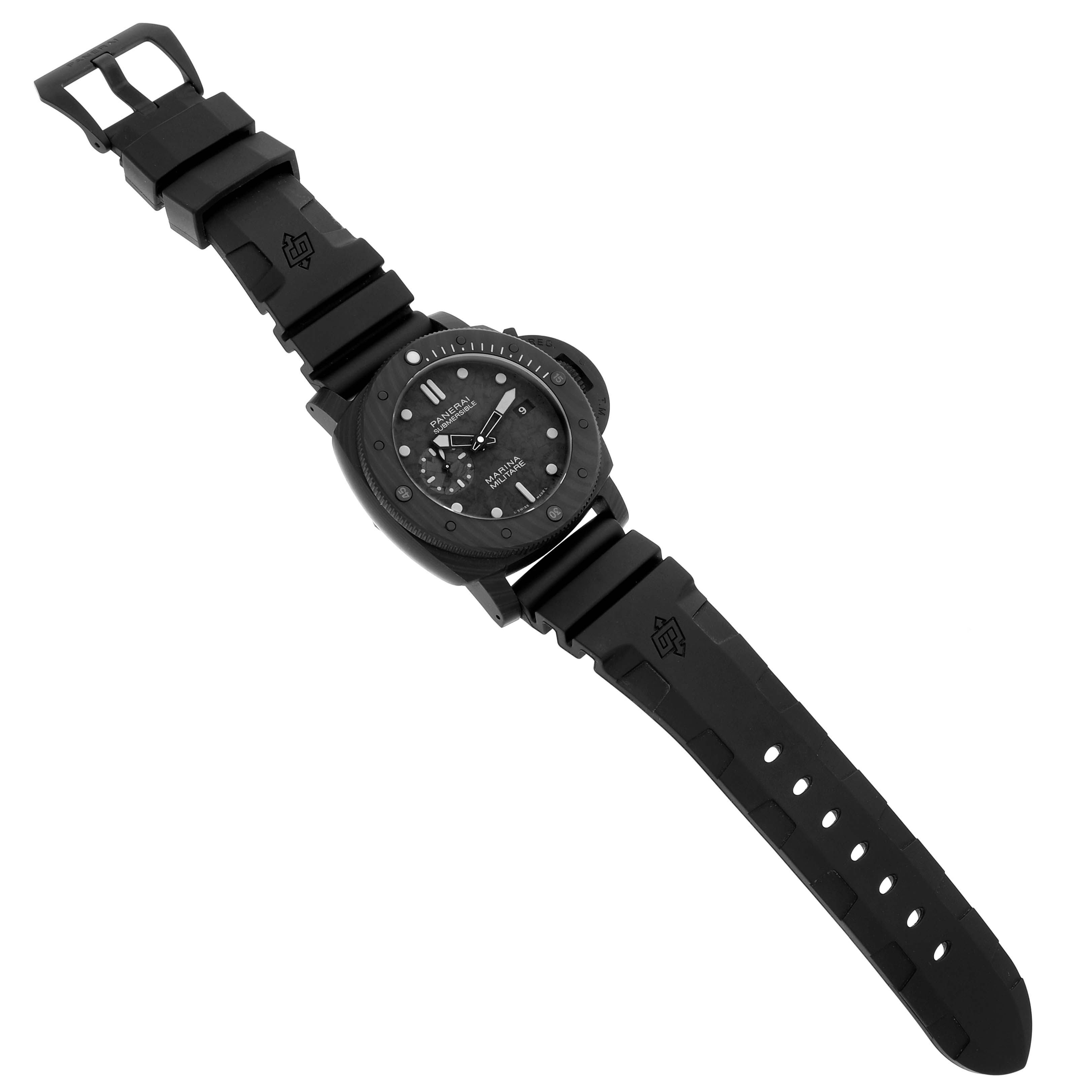 The Panerai Submersible PAM00979 Men's Titanium Grey Dial watch is shown from an angled top view, displaying its black dial, bezel, and strap.