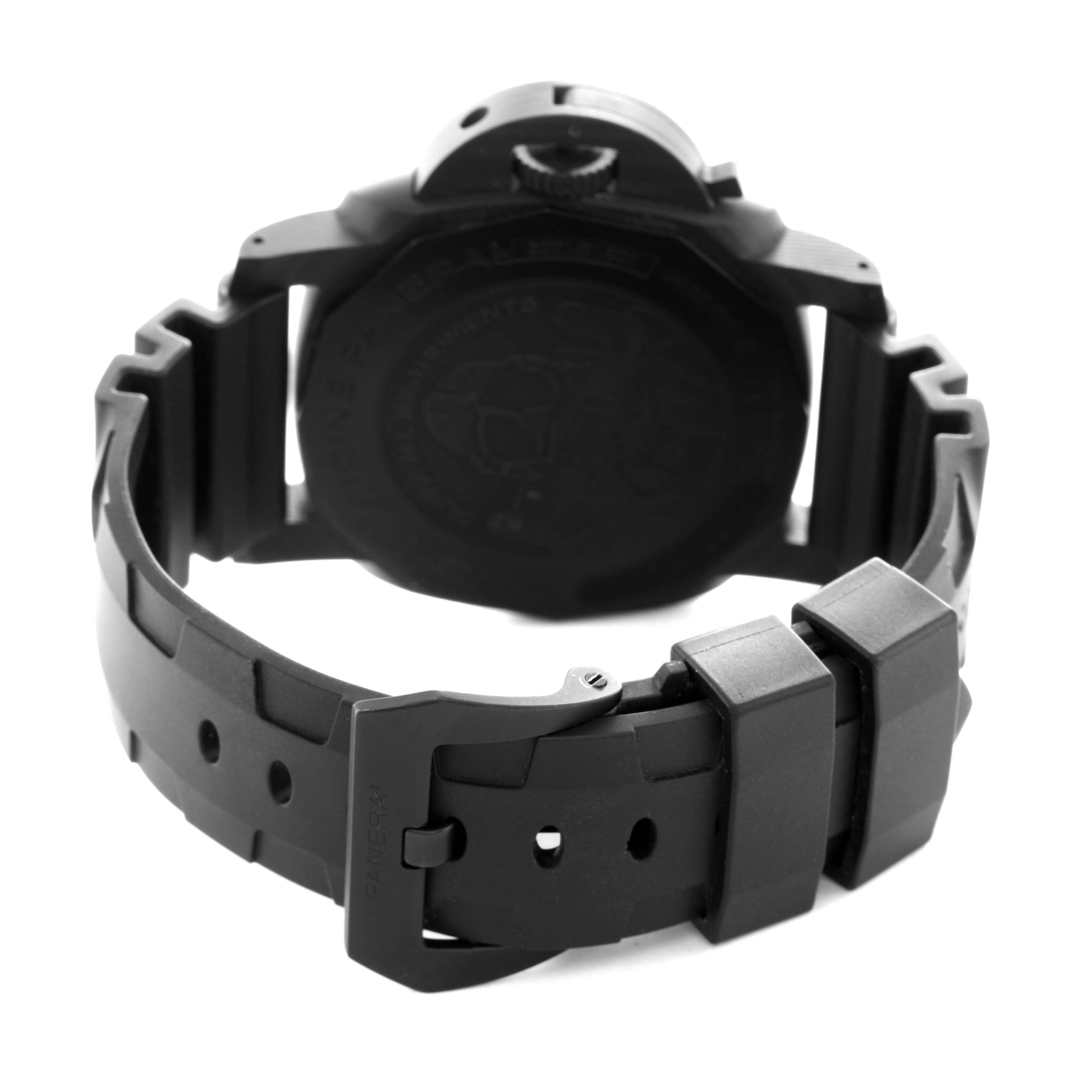 The image shows the back of a Panerai Submersible PAM00979 Men's Titanium Grey Dial watch, highlighting the rubber strap and clasp.