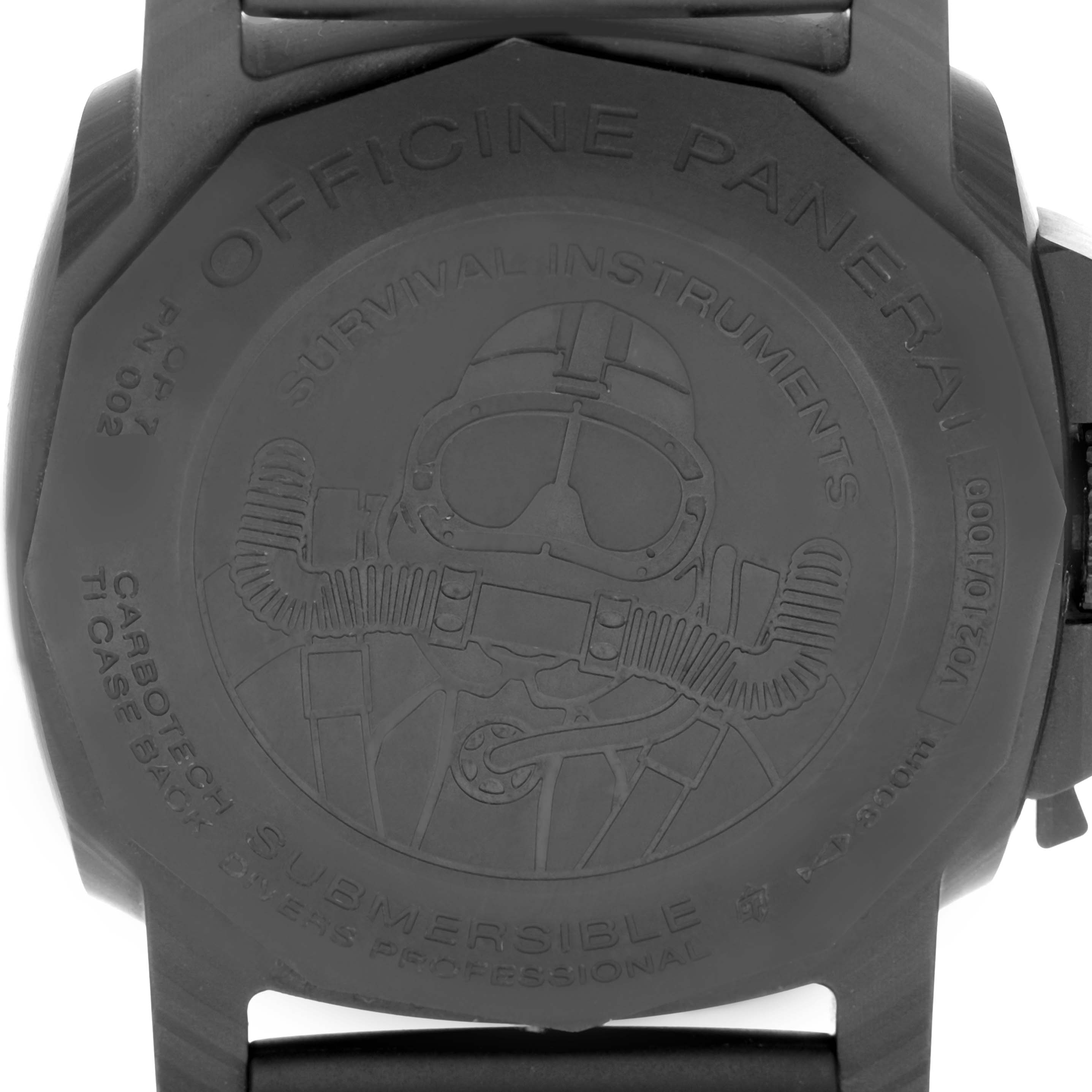 The image shows the back case of a Panerai Submersible PAM00979 Men's Titanium Grey Dial watch, featuring engravings and a diver design.