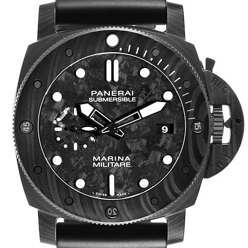 The Panerai Submersible PAM00979 Men's Titanium Grey Dial watch is shown from the front, highlighting its dial, bezel, and crown guard.