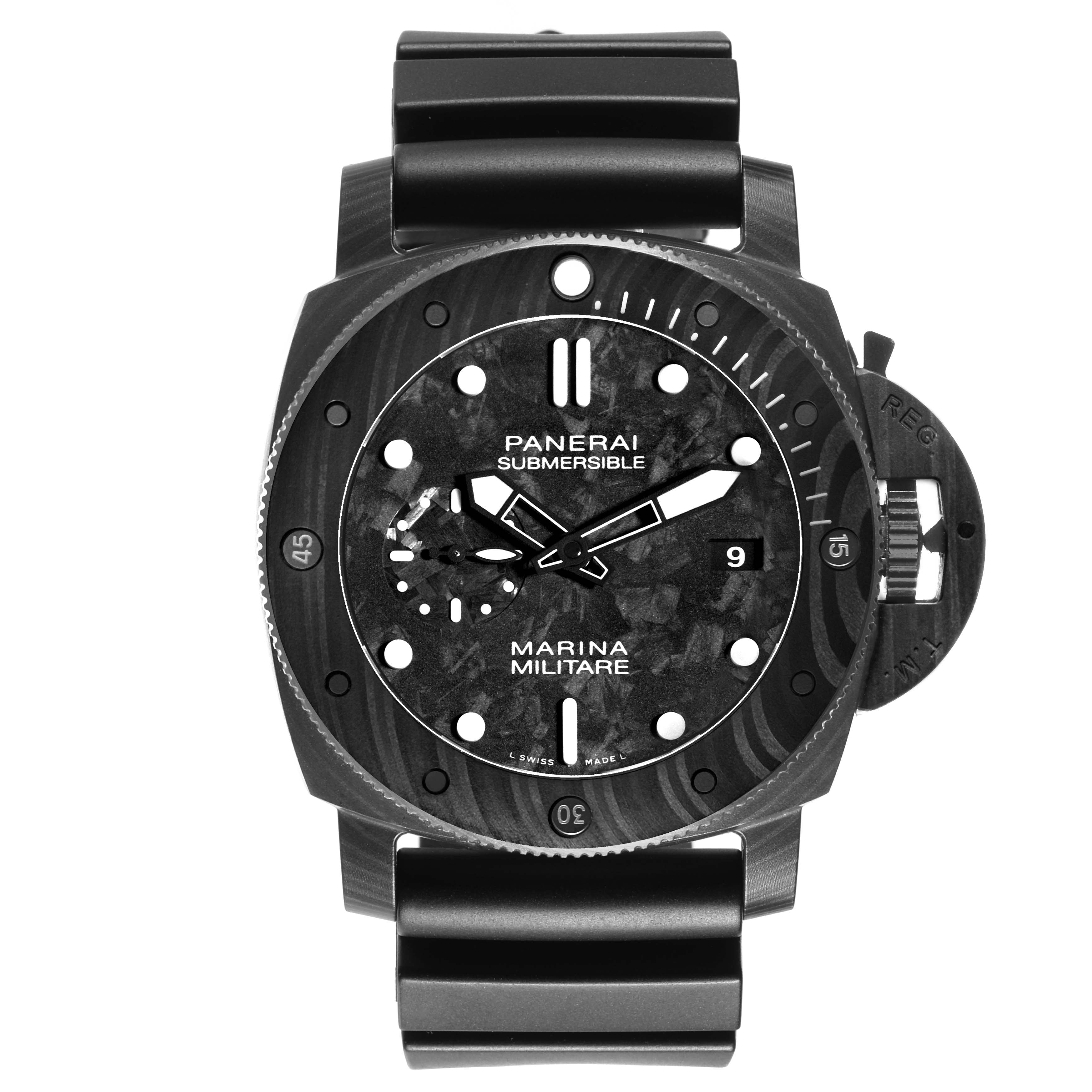 The Panerai Submersible PAM00979 Men's Titanium Grey Dial watch is shown from a top-down angle, highlighting its dial, hands, and crown guard.