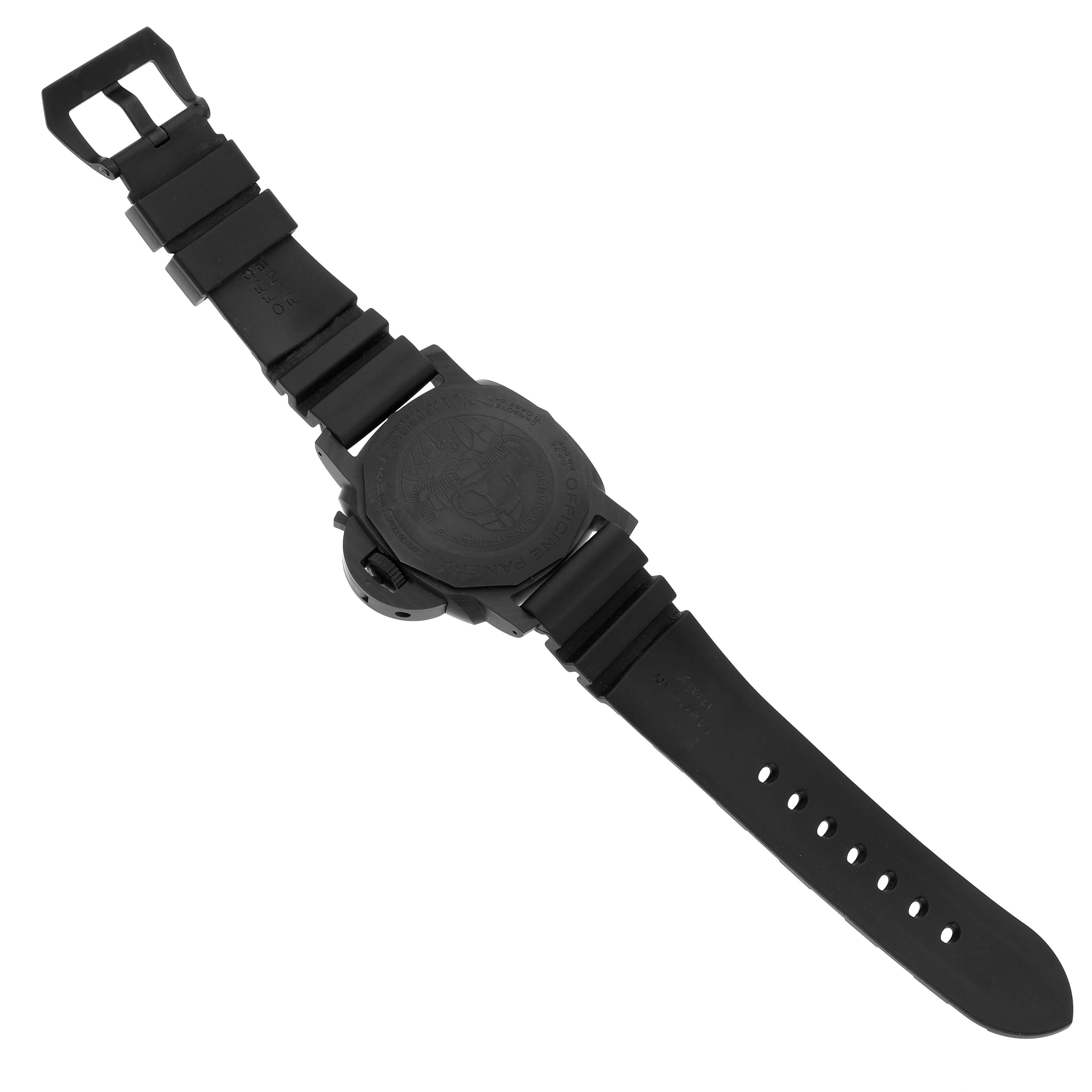 The image shows the back view of a Panerai Submersible PAM00979 Men's Titanium Grey Dial watch, highlighting the case back, straps, and buckle.