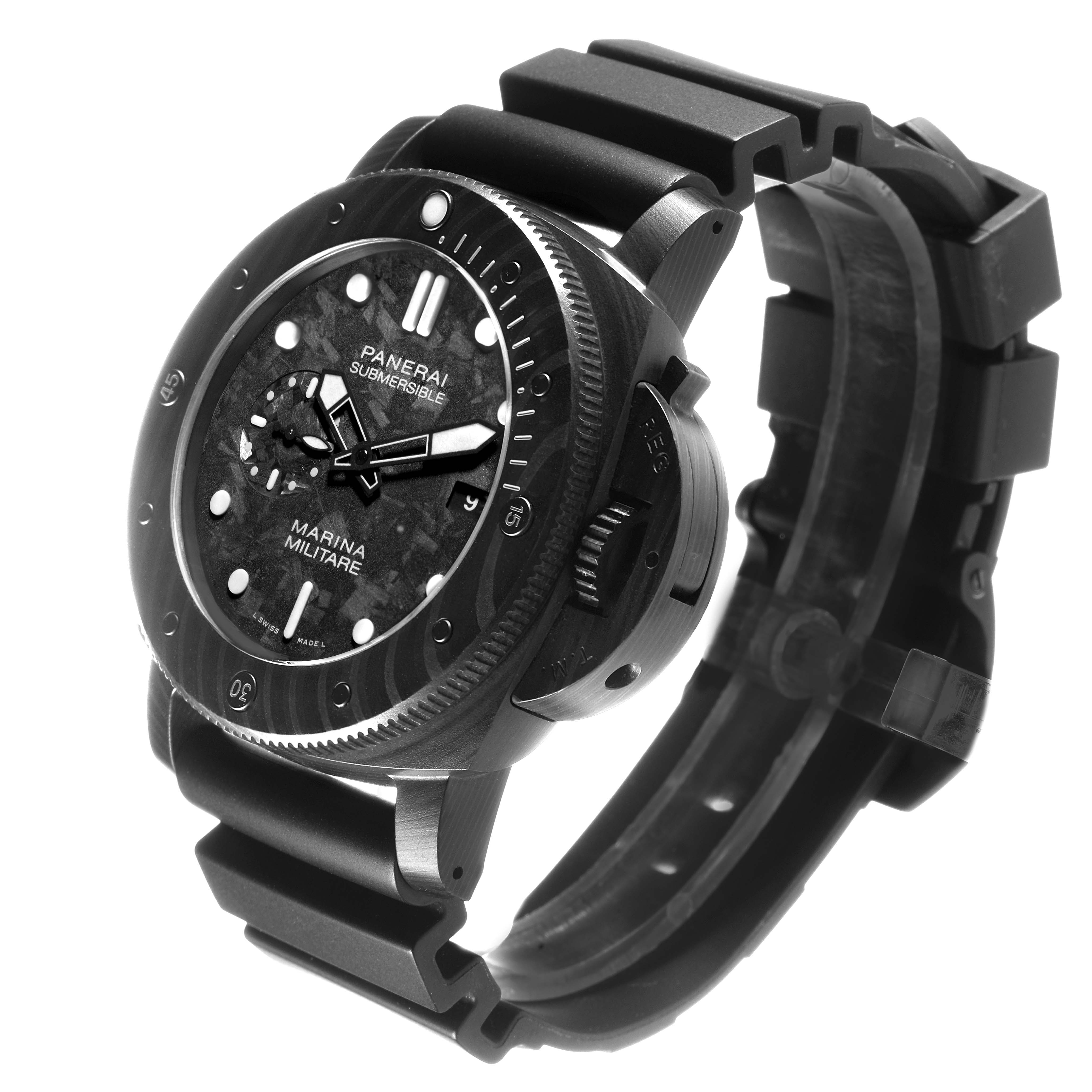 The Panerai Submersible PAM00979 Men's Titanium Grey Dial is shown at an angled side view, highlighting the bezel, dial, and strap.