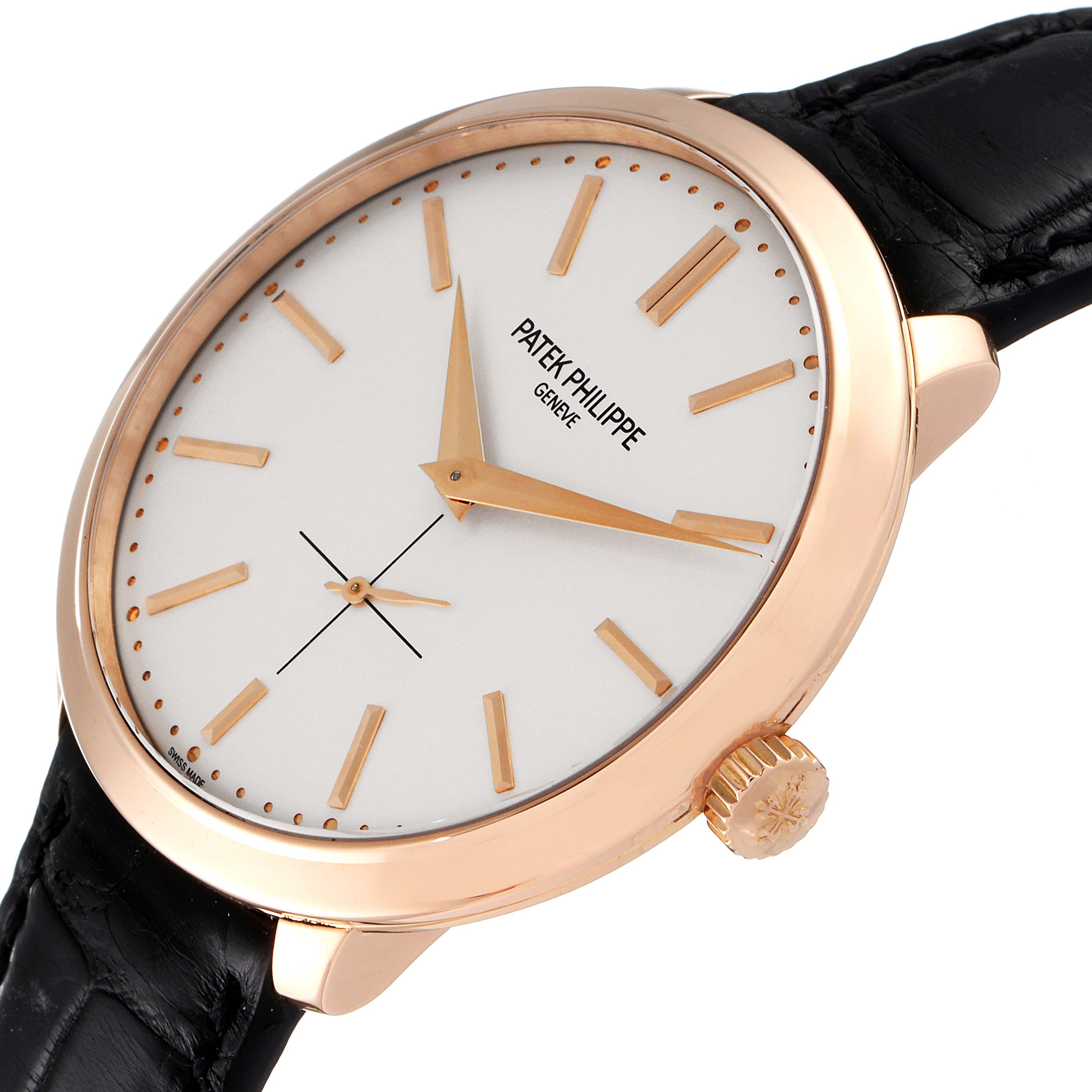 The image shows a Patek Philippe Calatrava 5123R-001 Men's Rose Gold Silver Dial 5123R-001 Men's Rose Gold Silver Dial watch at an angled view, highlighting the dial, hands, and crown.
