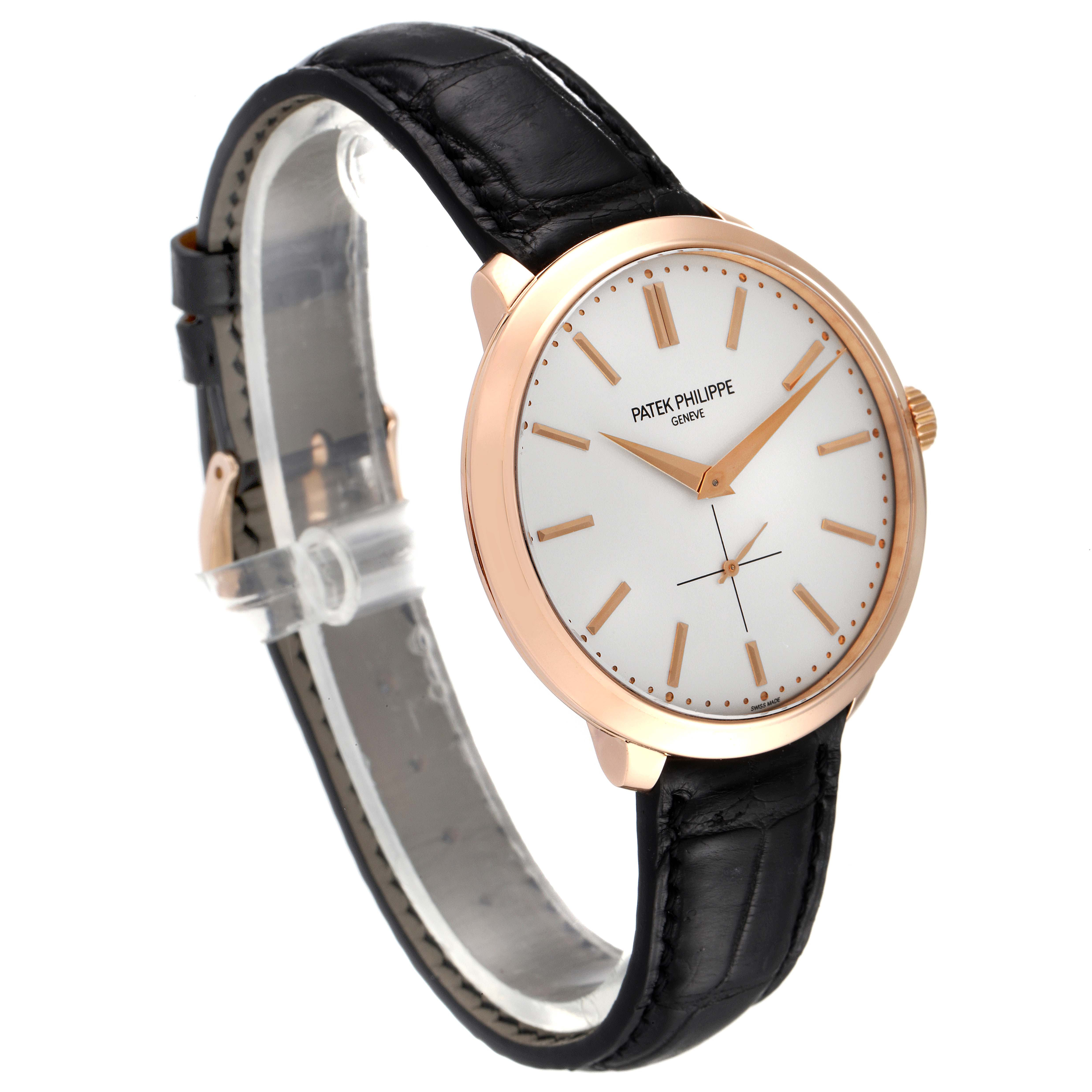 The image shows a side angle of a Patek Philippe Calatrava 5123R-001 Men's Rose Gold Silver Dial 5123R-001 Men's Rose Gold Silver Dial watch, highlighting the face and black leather strap.