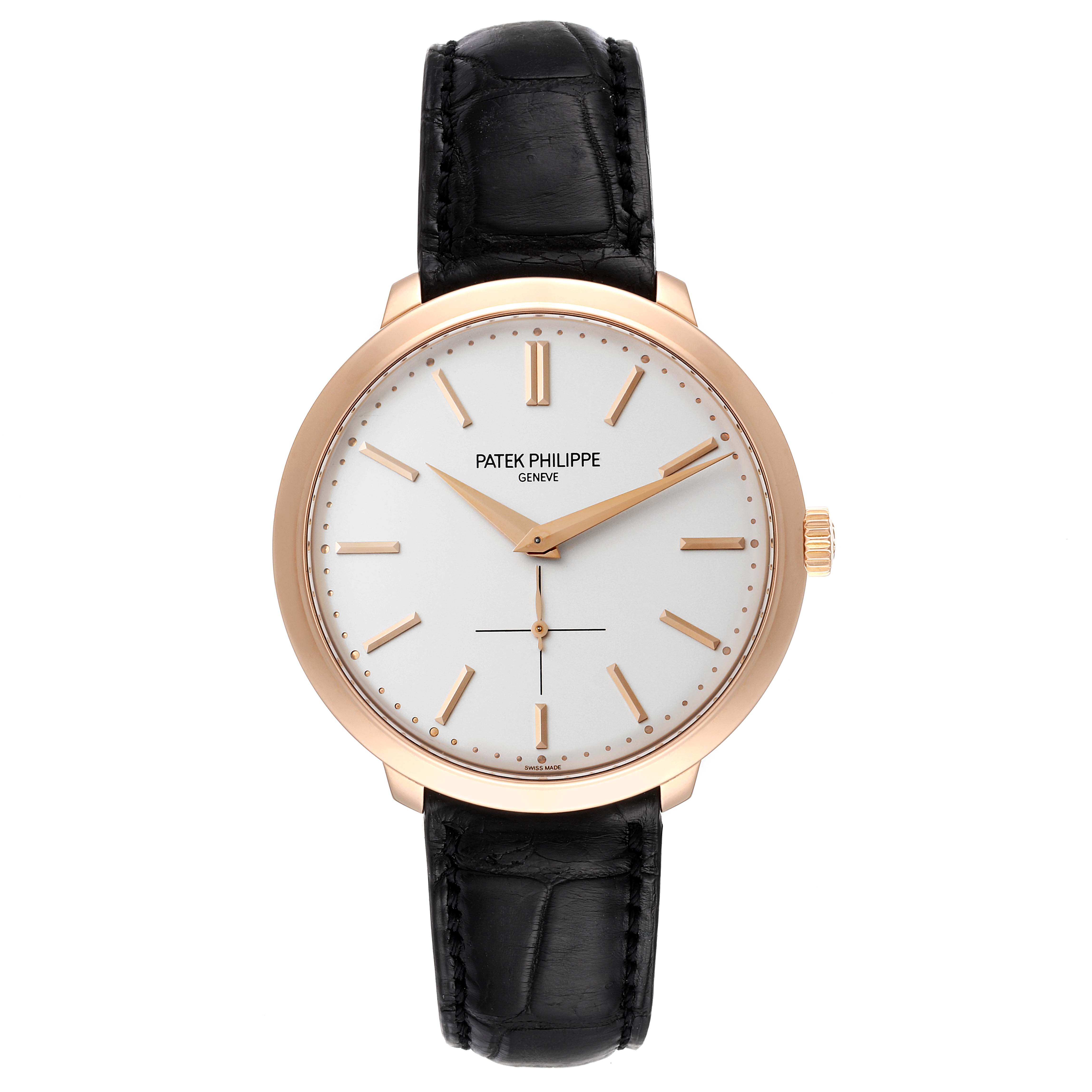 The image shows a front view of the Patek Philippe Calatrava 5123R-001 Men's Rose Gold Silver Dial 5123R-001 Men's Rose Gold Silver Dial watch with a white dial, gold hour markers, and a black leather strap.