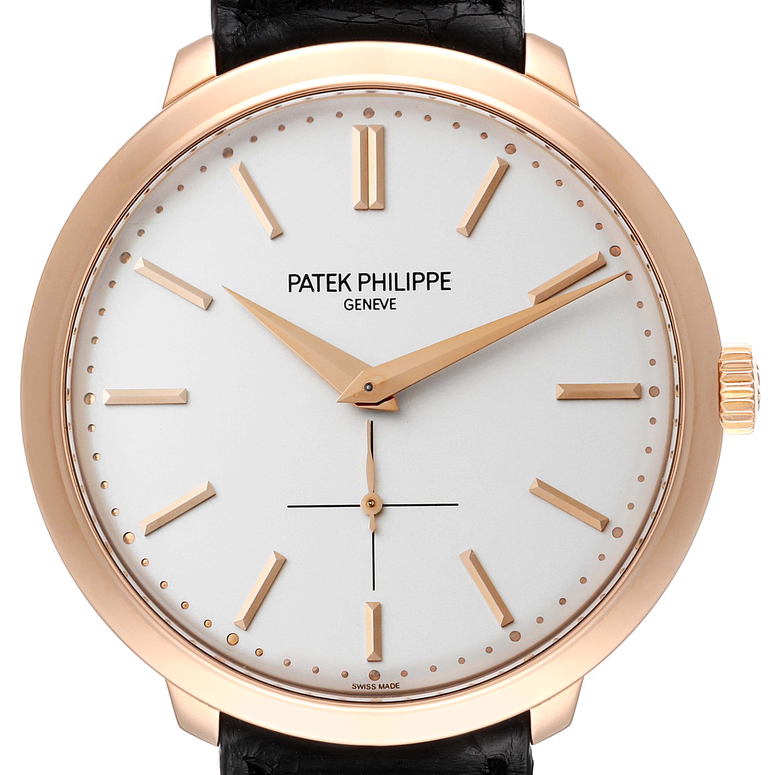 This image shows a frontal view of the Patek Philippe Calatrava 5123R-001 Men's Rose Gold Silver Dial 5123R-001 Men's Rose Gold Silver Dial watch, highlighting its dial, hands, and crown.