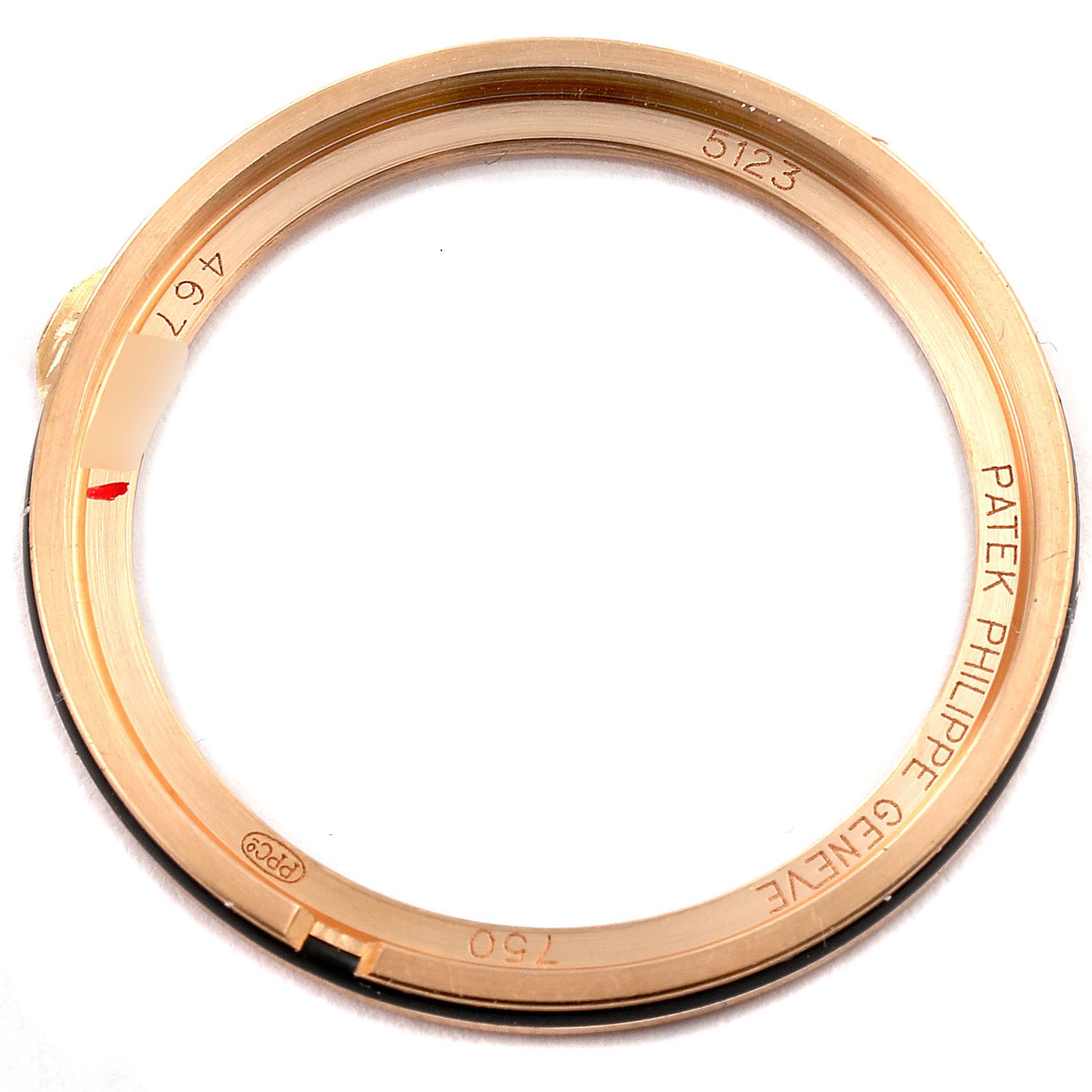 This image shows the bezel of a Patek Philippe Calatrava 5123R-001 Men's Rose Gold Silver Dial 5123R-001 Men's Rose Gold Silver Dial model watch, viewed from the top.