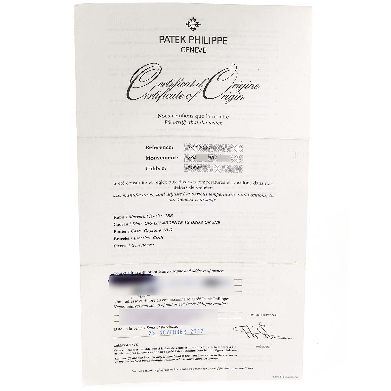 This image shows the Certificate of Origin for a Calatrava model by Patek Philippe.
