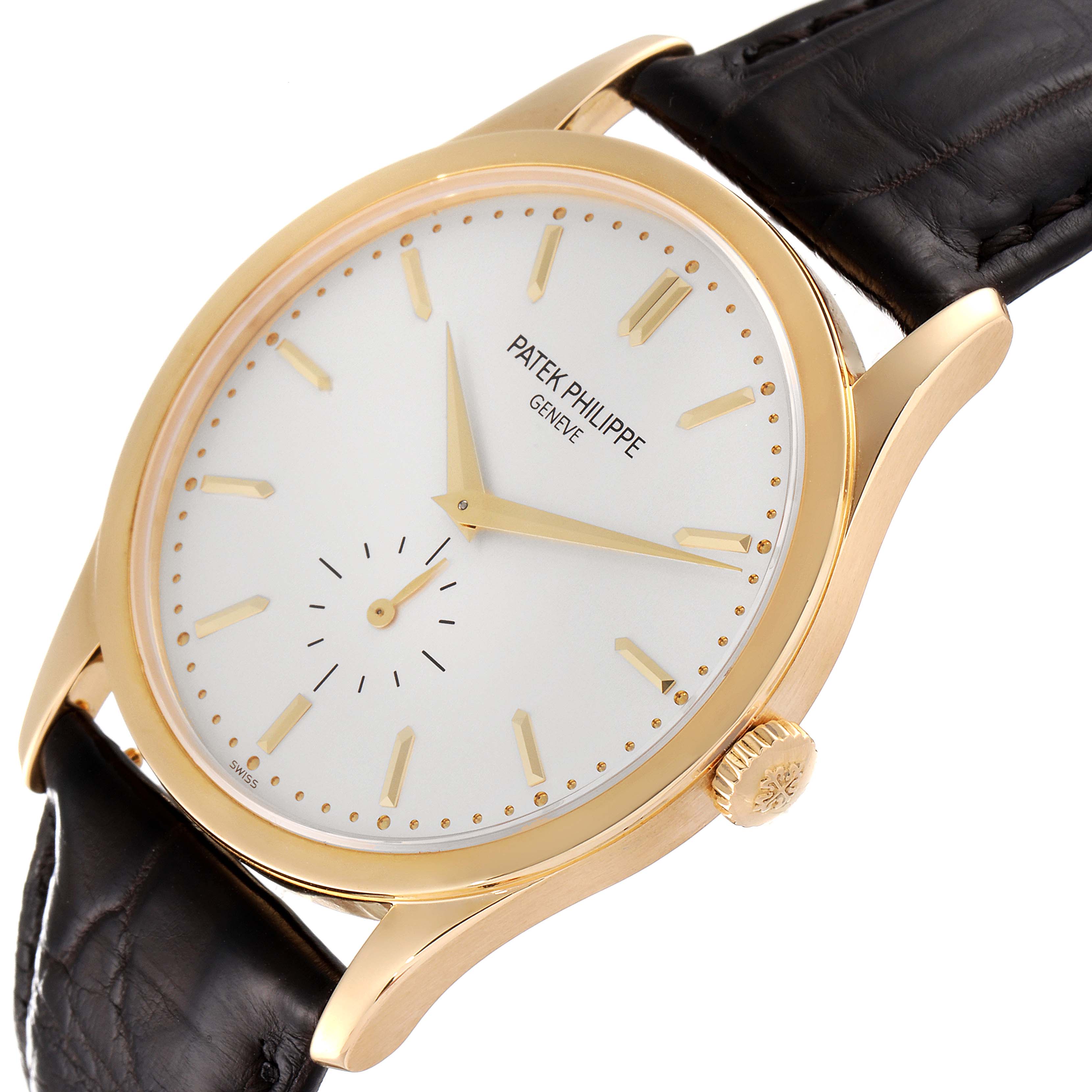 The image shows a Patek Philippe Calatrava 5196J Men's Yellow Gold Silver Dial 5196J Men's Yellow Gold Silver Dial watch, angled to display the face, hands, crown, and leather strap.