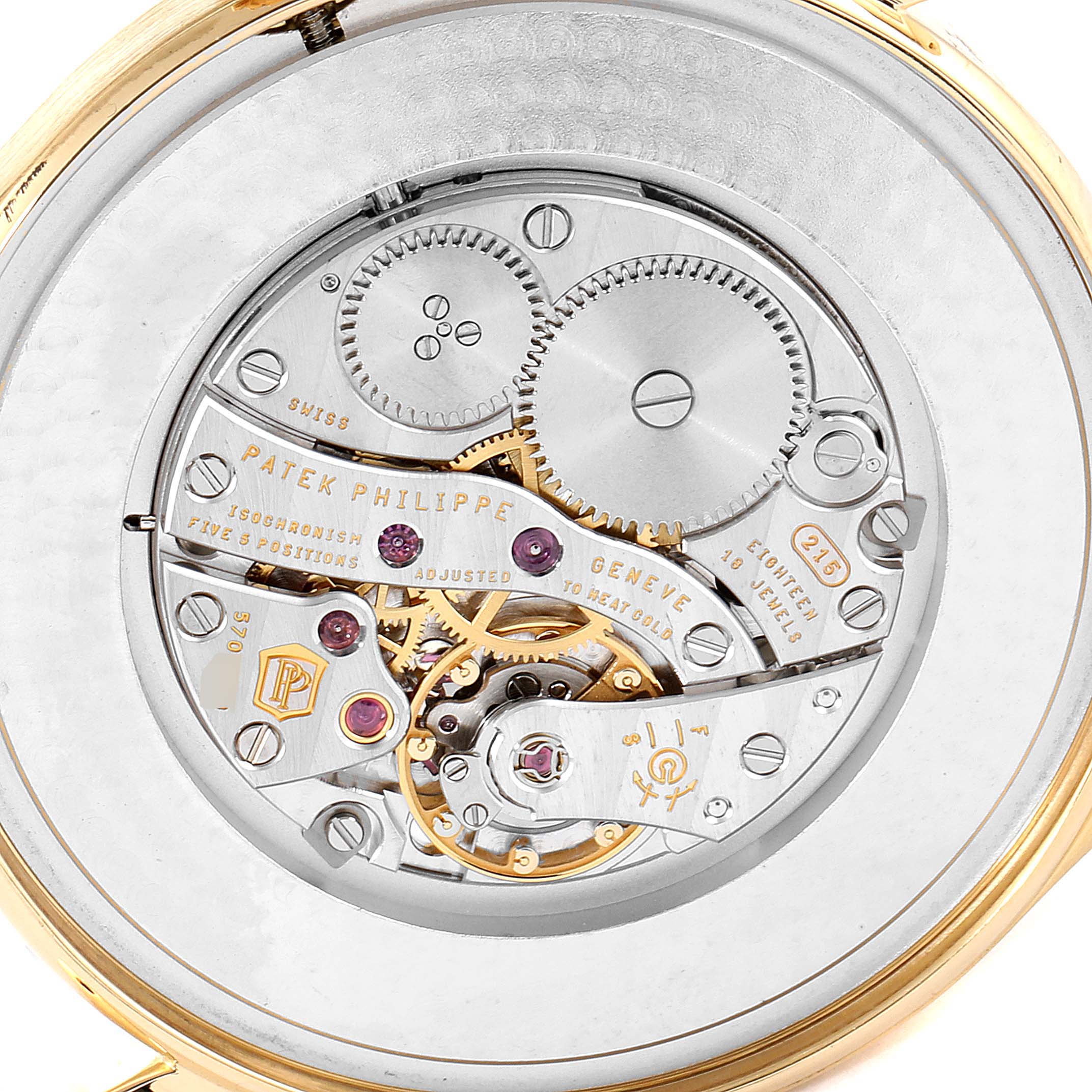 This image shows the intricate back view of the movement mechanism inside a Patek Philippe Calatrava 5196J Men's Yellow Gold Silver Dial 5196J Men's Yellow Gold Silver Dial watch.