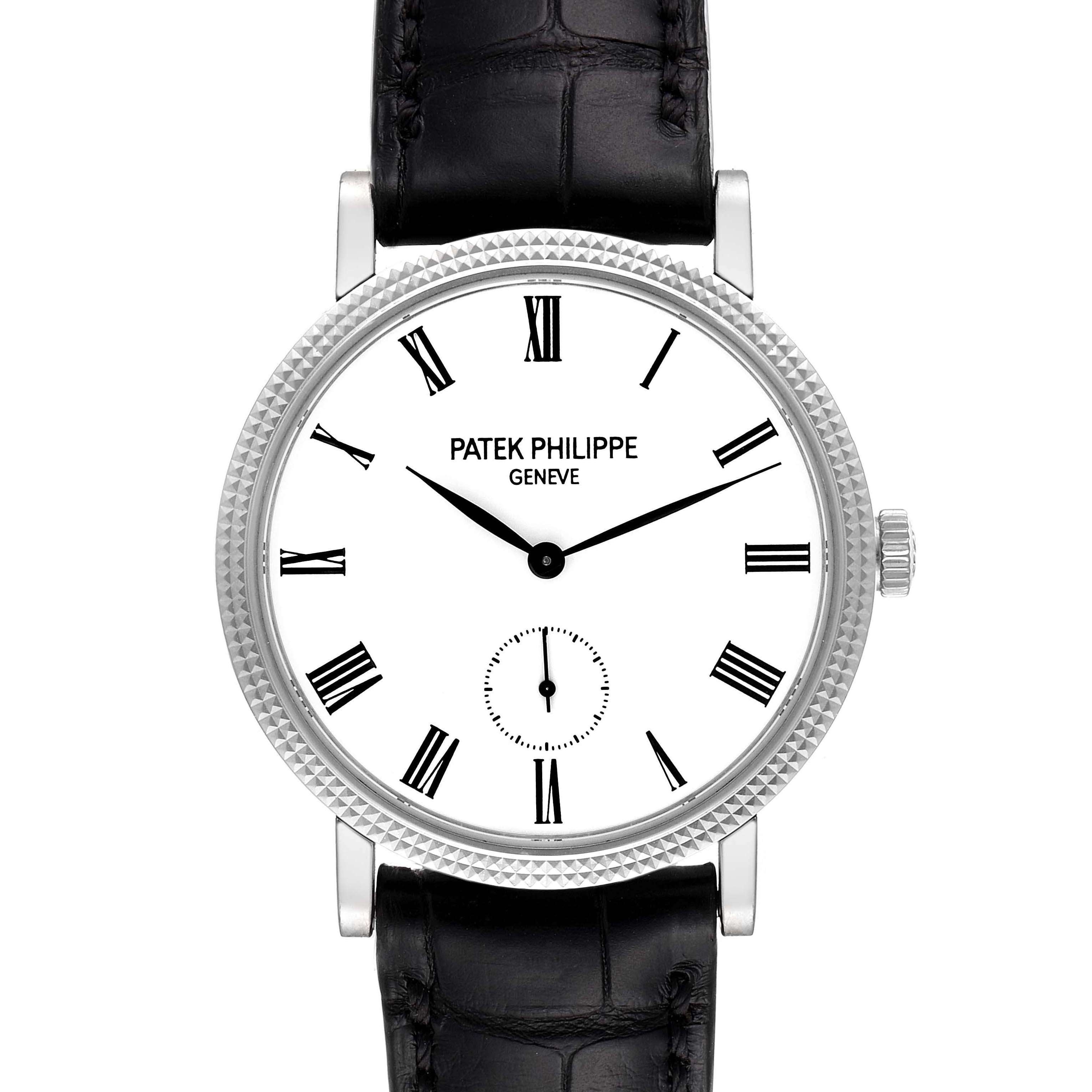 This image shows a front view of the Patek Philippe Calatrava 7119G Women's White Gold White Dial 7119G Women's White Gold White Dial watch, highlighting its dial, Roman numerals, hands, and leather strap.